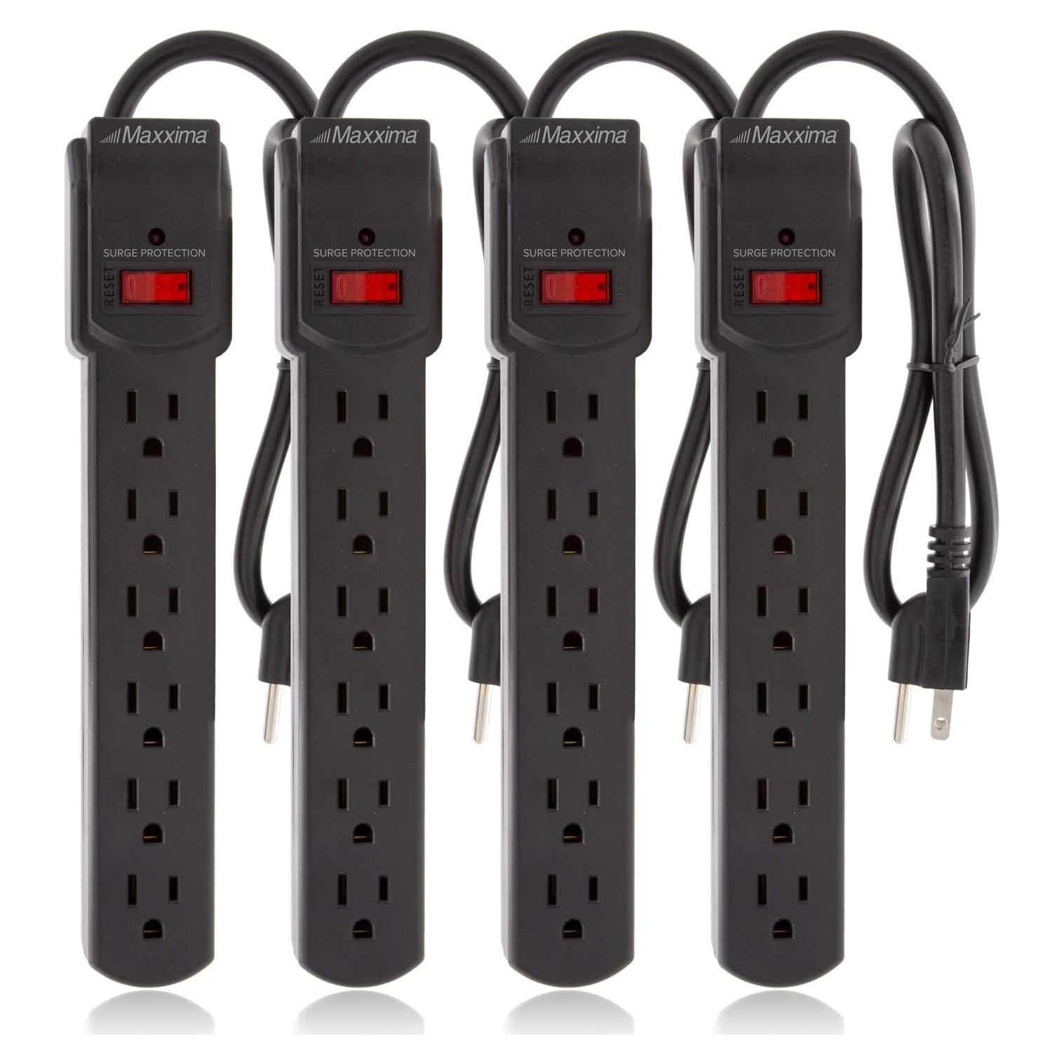 Regleta de 6 Salidas Maxxima - Paquete de 4, 300 Julios, Negro