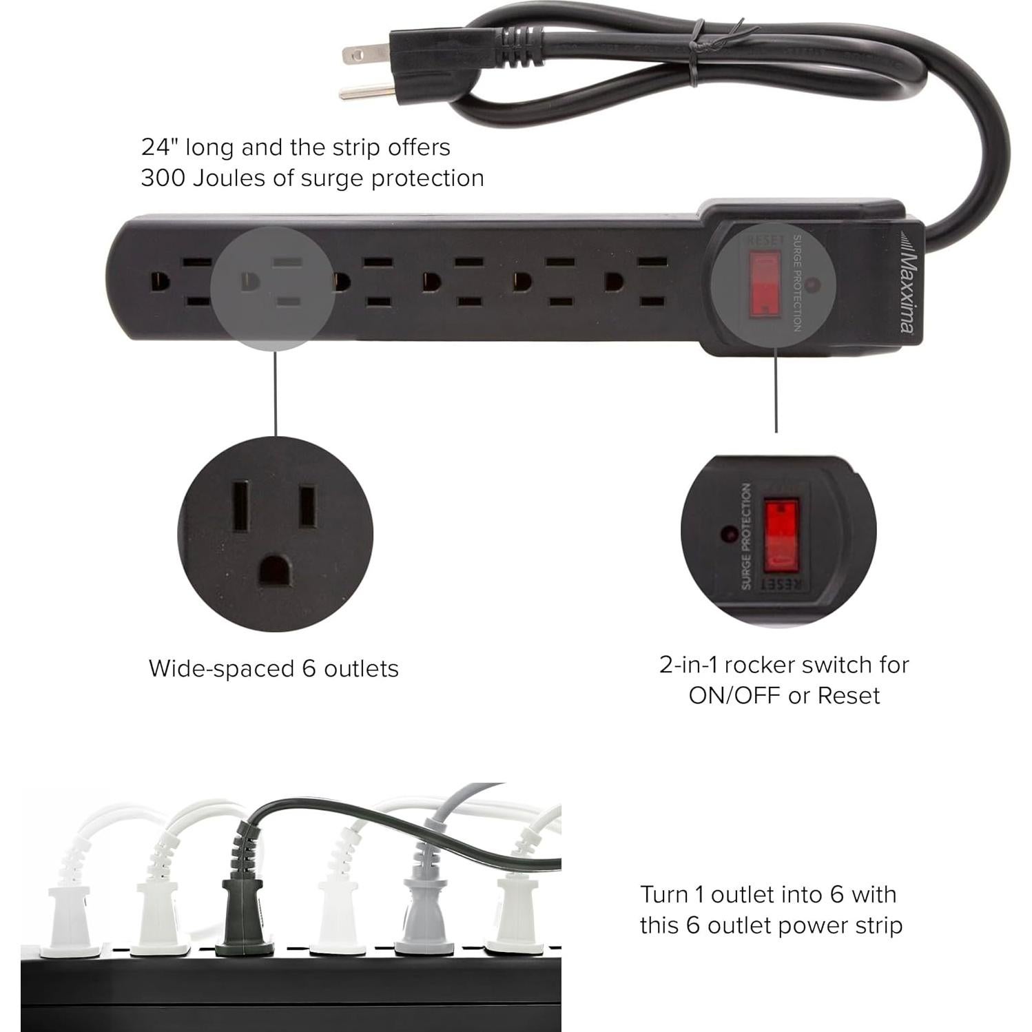 Regleta de 6 Salidas Maxxima - Paquete de 4, 300 Julios, Negro