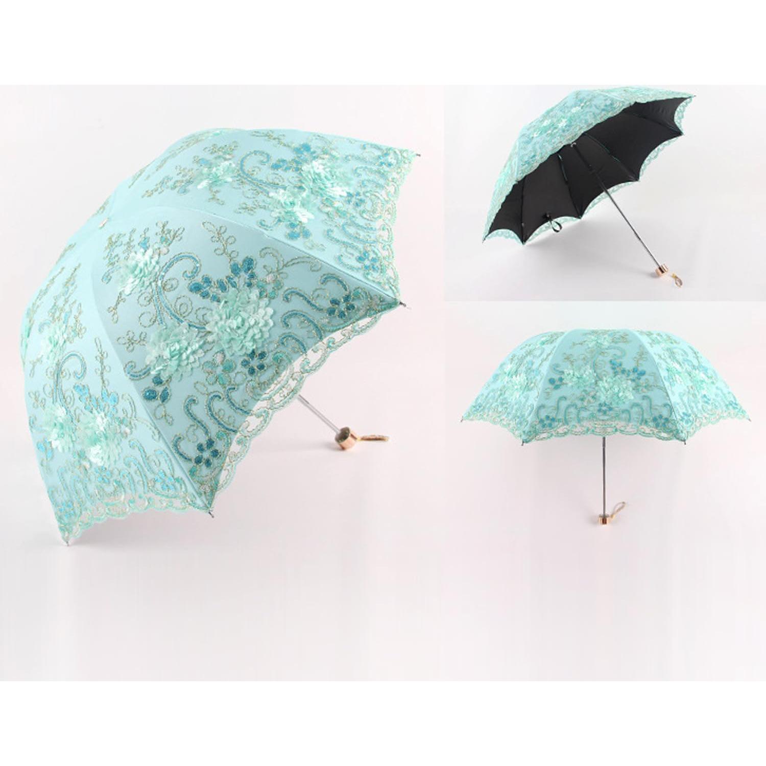 Paraguas Plegable Anti-UV Shaqmars Bordado Vintage Azul 95x65cm