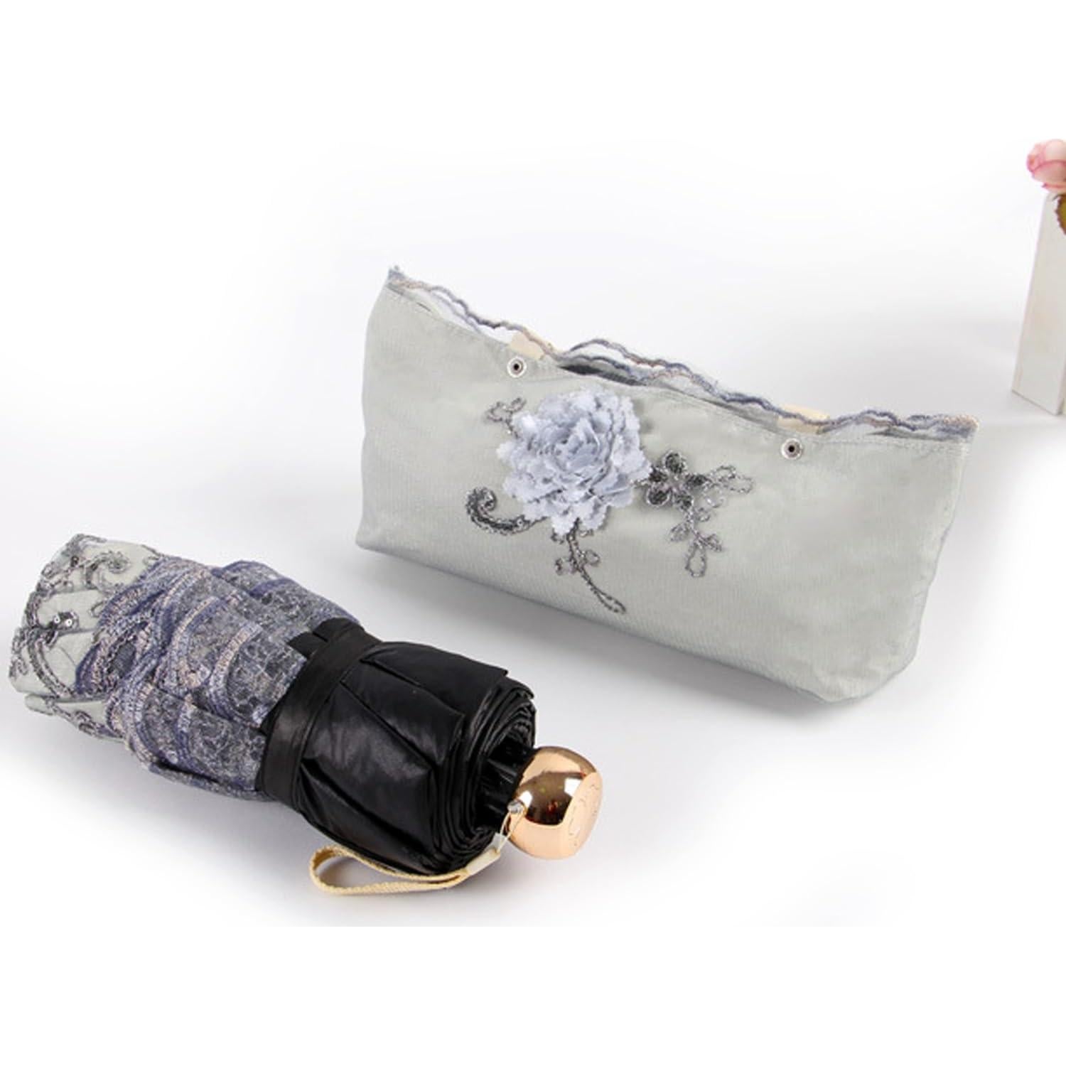 Paraguas Plegable Anti-UV Shaqmars Bordado Vintage Azul 95x65cm