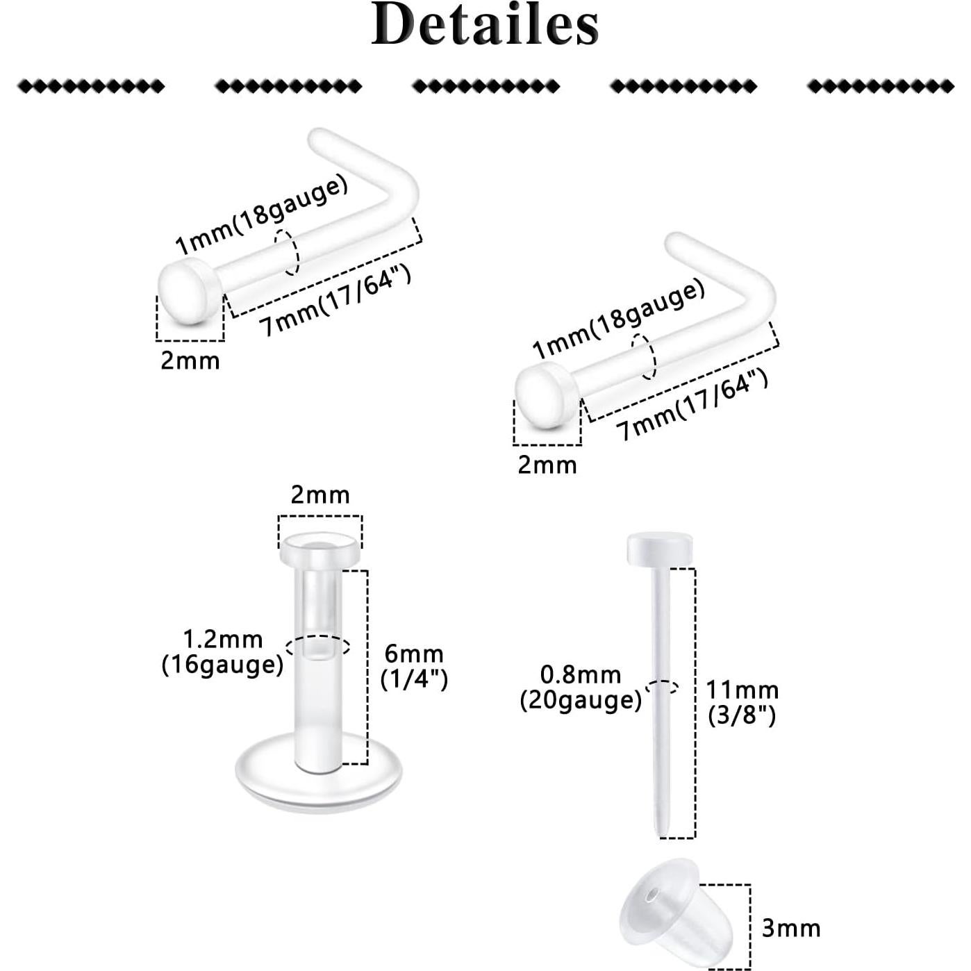 Anillos de Nariz Transparentes QWALIT 18g 20g 12 Piezas