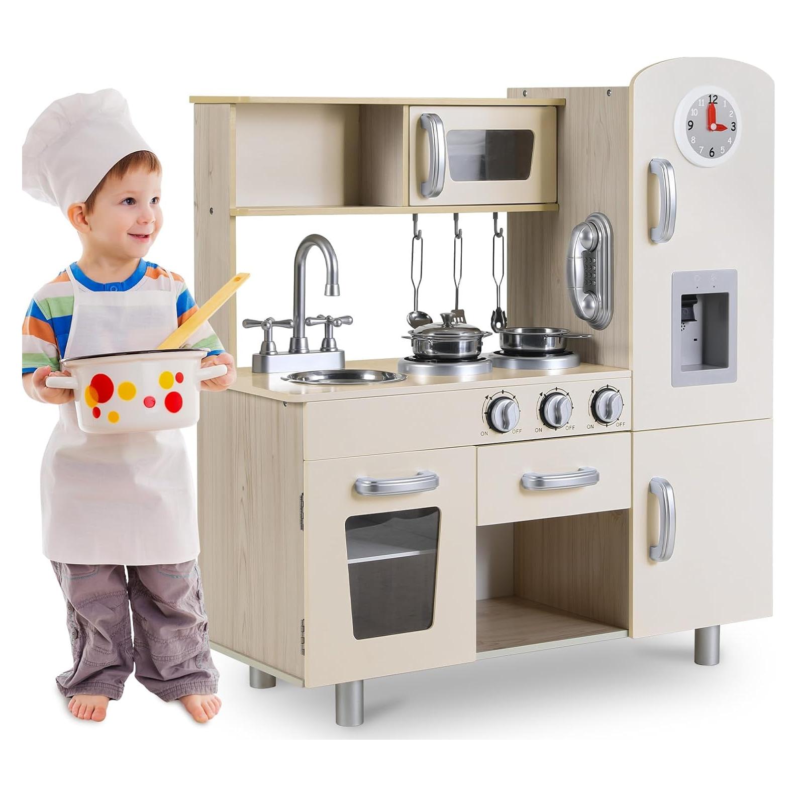 Juego de Cocina MAMIZO para Niños Beige - Estufa, Refrigerador y Utensilios