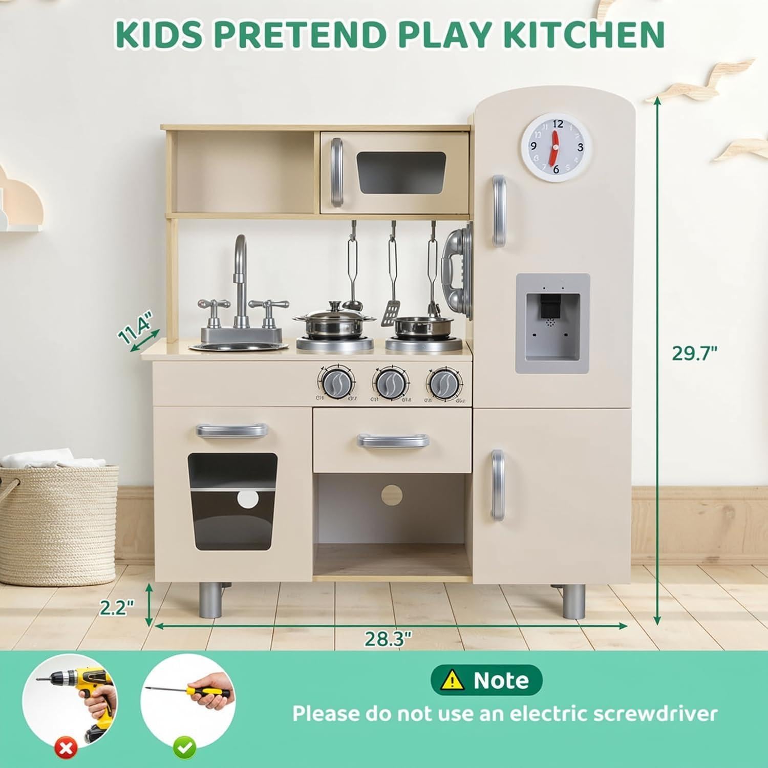 Juego de Cocina MAMIZO para Niños Beige - Estufa, Refrigerador y Utensilios