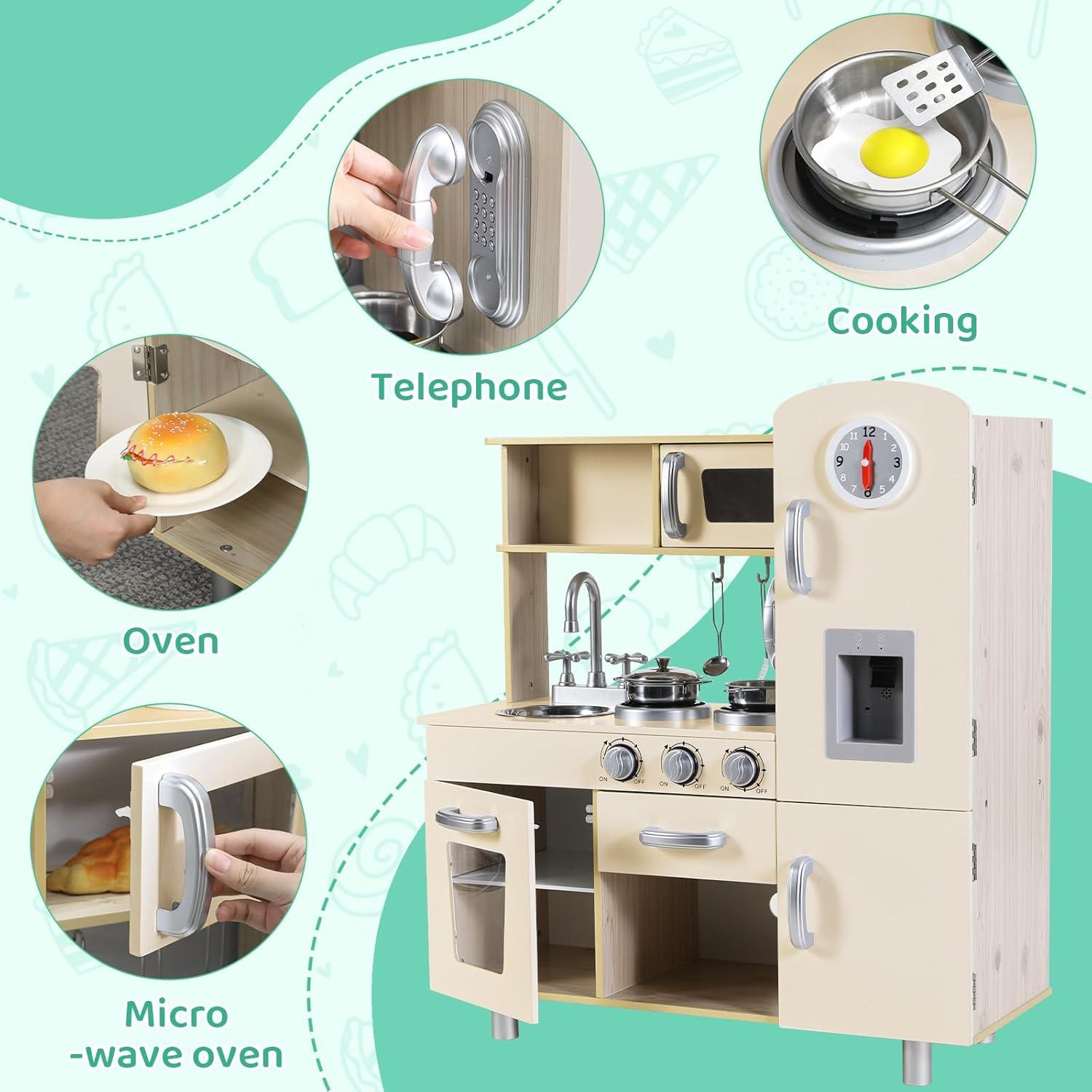 Juego de Cocina MAMIZO para Niños Beige - Estufa, Refrigerador y Utensilios