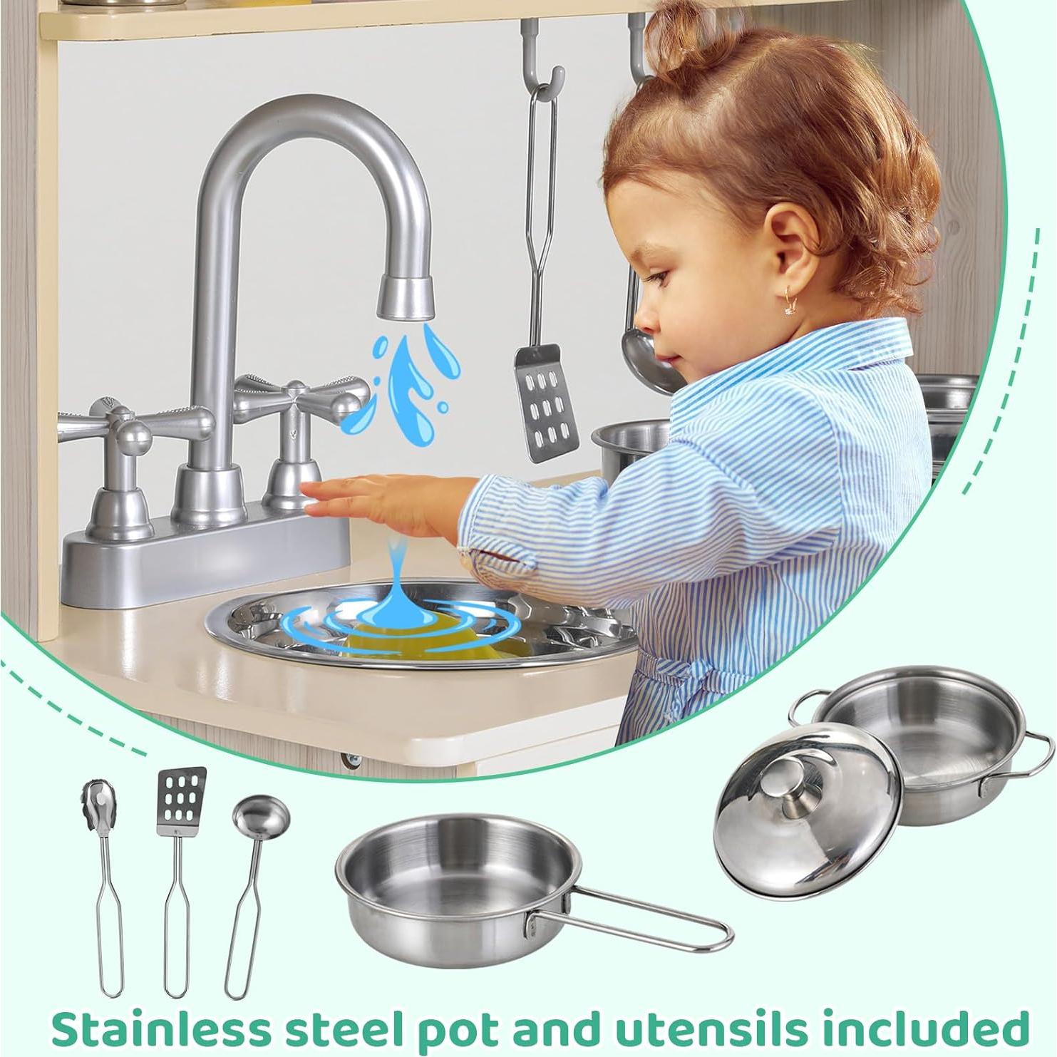 Juego de Cocina MAMIZO para Niños Beige - Estufa, Refrigerador y Utensilios