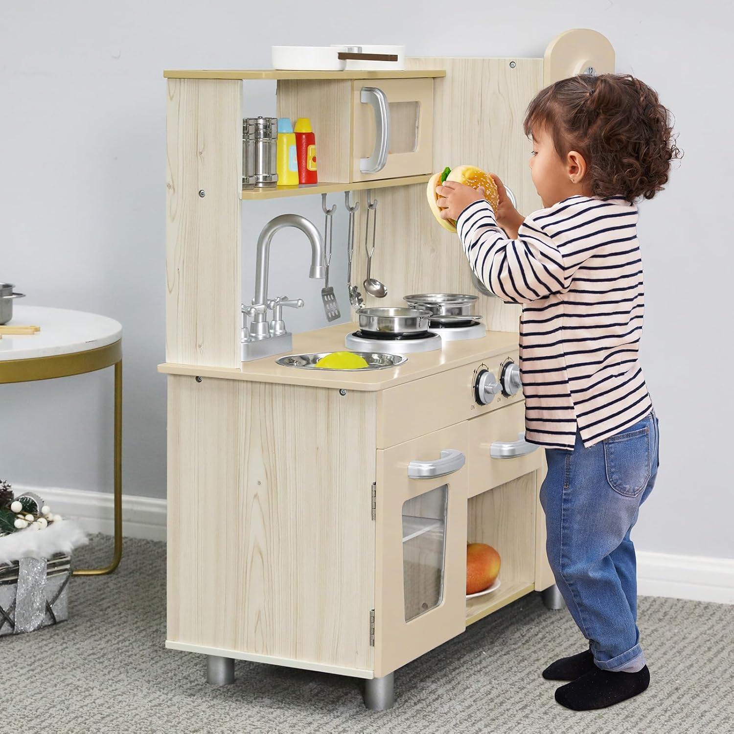 Juego de Cocina MAMIZO para Niños Beige - Estufa, Refrigerador y Utensilios