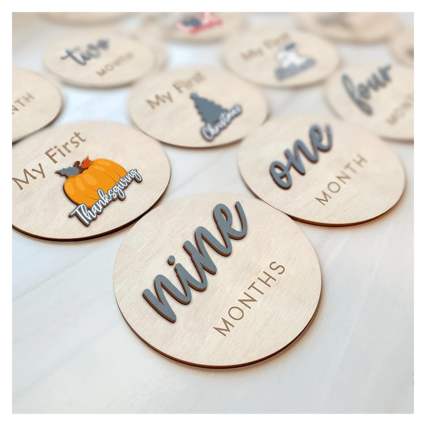 Discos Mensuales de Hitos para Bebés - Madera Azul