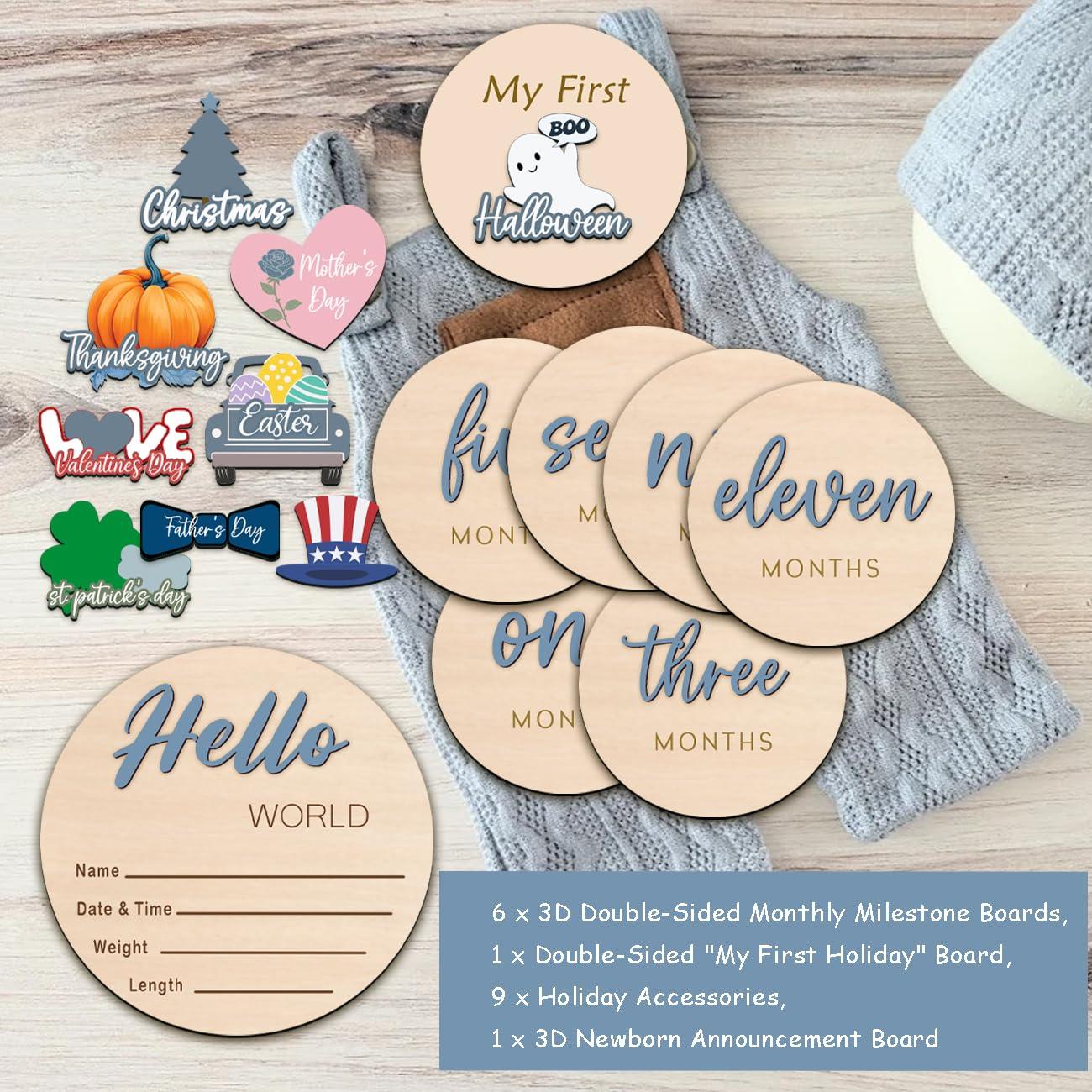 Discos Mensuales de Hitos para Bebés - Madera Azul