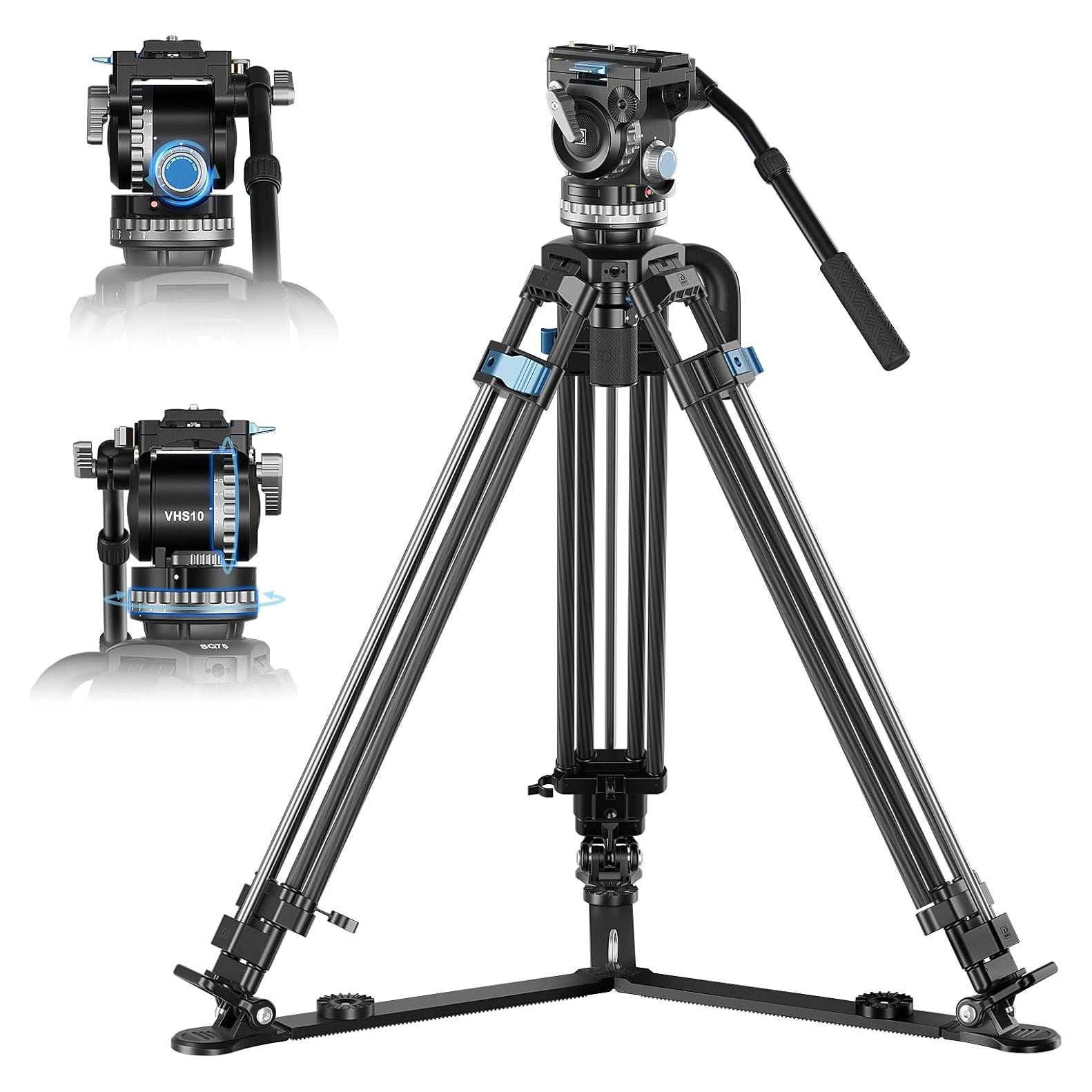 SIRUI SQ75+VHS10 Carbon Fiber Tripod, 71.7” Video Tripod with Professional Video Fluid Head, 7-Step Counterbalance, 4-Step Tilt/Pan Damping Adjust, Rapid Setup for Camera, Max Load 10kg/22lb