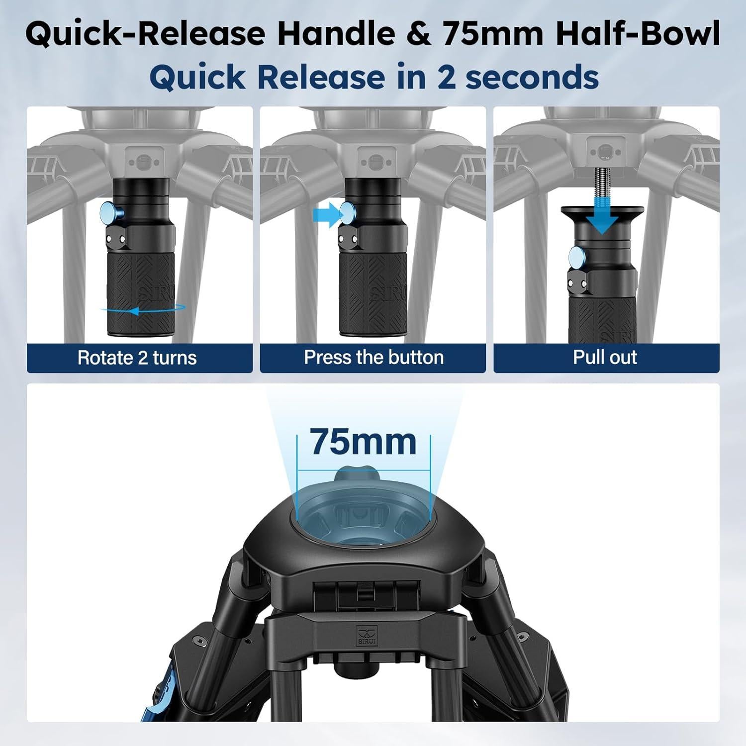 SIRUI SQ75+VHS10 Carbon Fiber Tripod, 71.7” Video Tripod with Professional Video Fluid Head, 7-Step Counterbalance, 4-Step Tilt/Pan Damping Adjust, Rapid Setup for Camera, Max Load 10kg/22lb