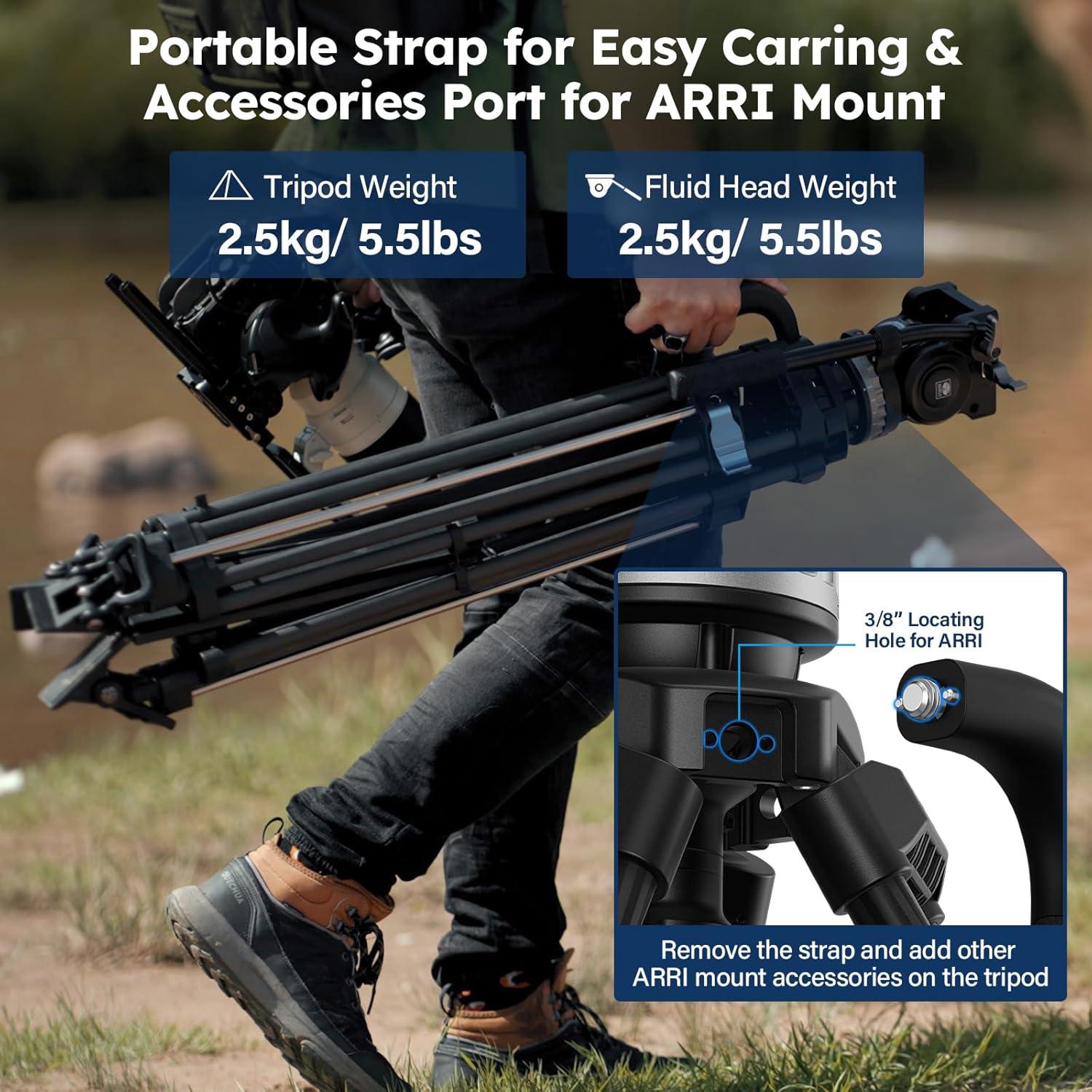 SIRUI SQ75+VHS10 Carbon Fiber Tripod, 71.7” Video Tripod with Professional Video Fluid Head, 7-Step Counterbalance, 4-Step Tilt/Pan Damping Adjust, Rapid Setup for Camera, Max Load 10kg/22lb