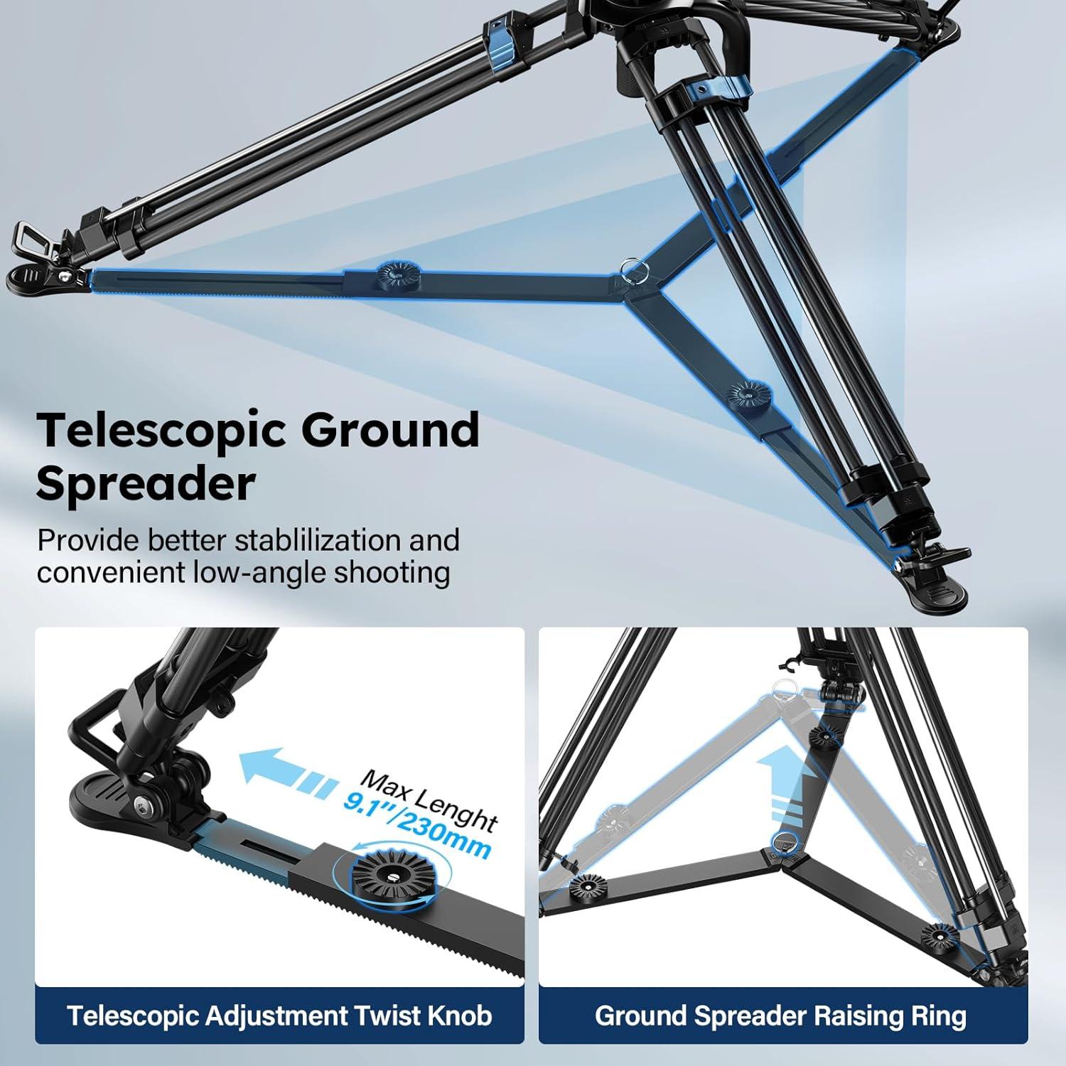 SIRUI SQ75+VHS10 Carbon Fiber Tripod, 71.7” Video Tripod with Professional Video Fluid Head, 7-Step Counterbalance, 4-Step Tilt/Pan Damping Adjust, Rapid Setup for Camera, Max Load 10kg/22lb