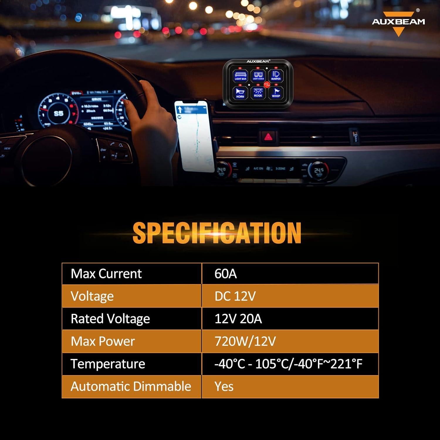 Panel de Interruptores Auxbeam BC60 6 Gang Azul 720W 60A