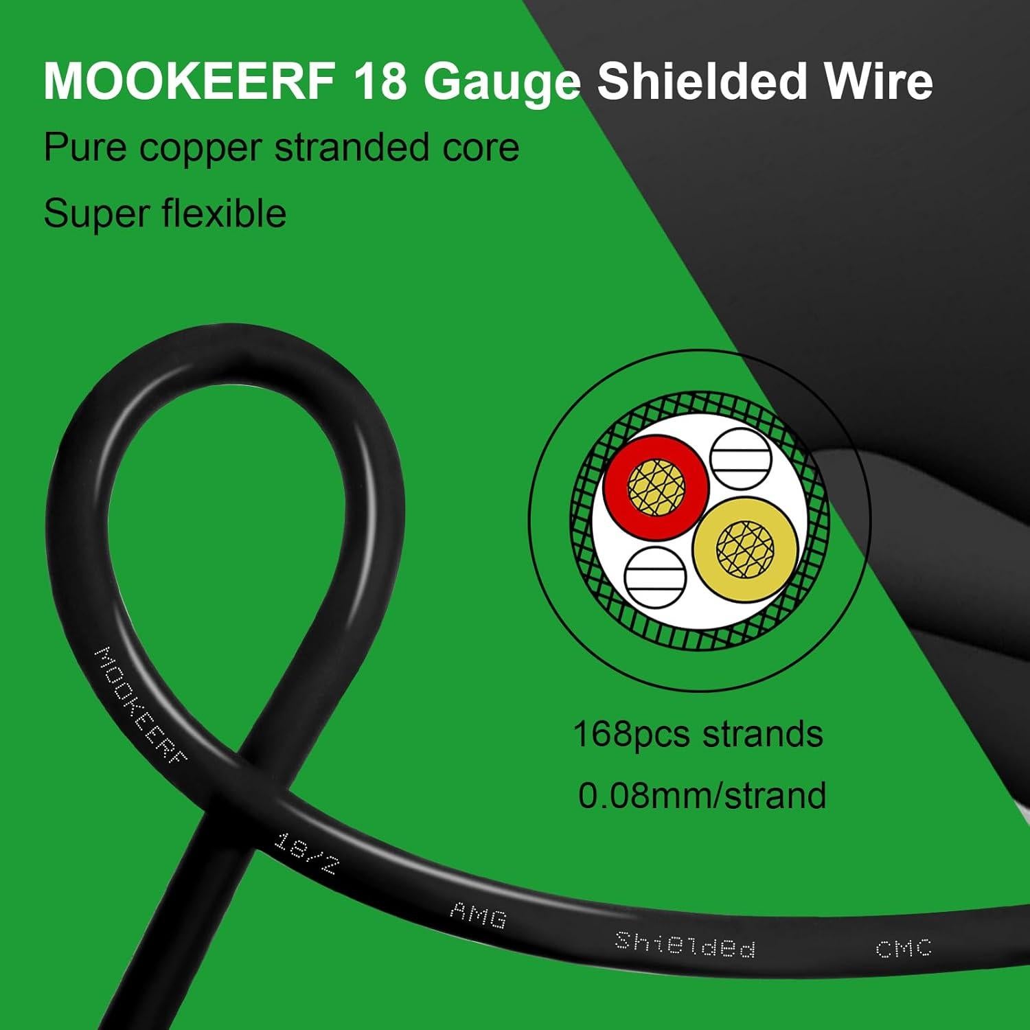 Cable Blindado 7.62M 18AWG MOOKEERF 2 Conductores Cobre Puro