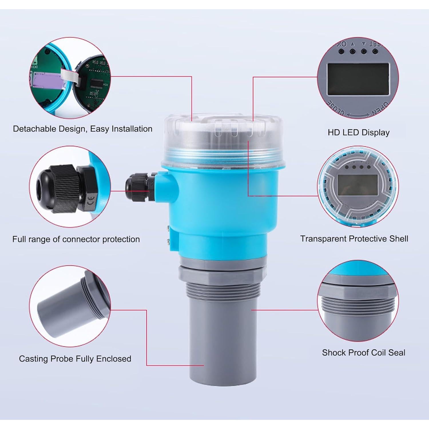 Sensor de Nivel de Agua Ultrasonico Fockety 0-5M LED 4-20mA