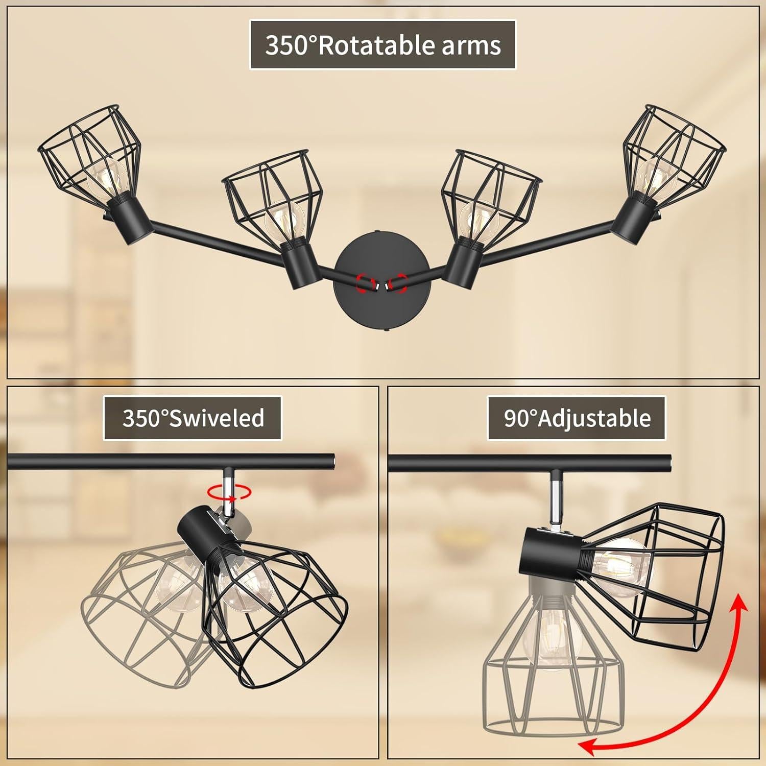 Luz de Techo de Cocina GORDNWE 4 Luces E12 Ajustable Negra