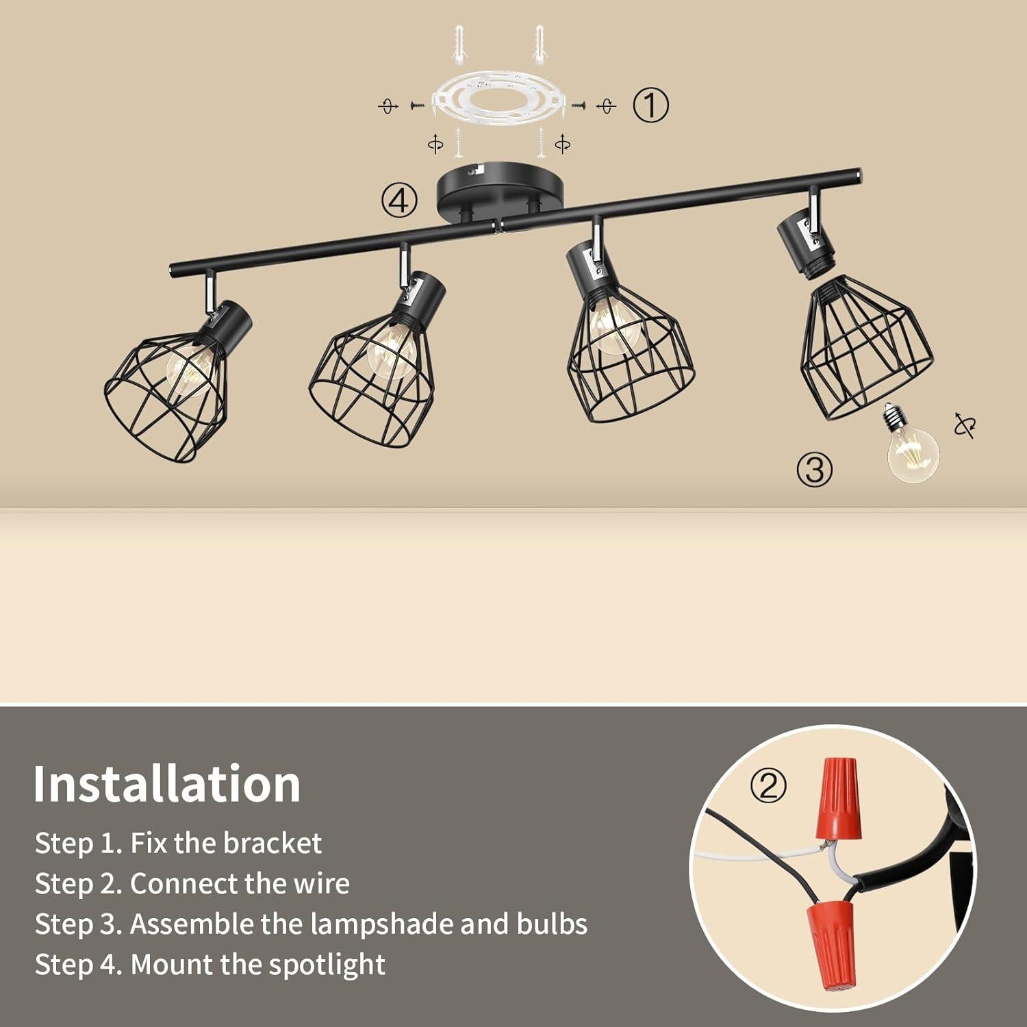 Luz de Techo de Cocina GORDNWE 4 Luces E12 Ajustable Negra
