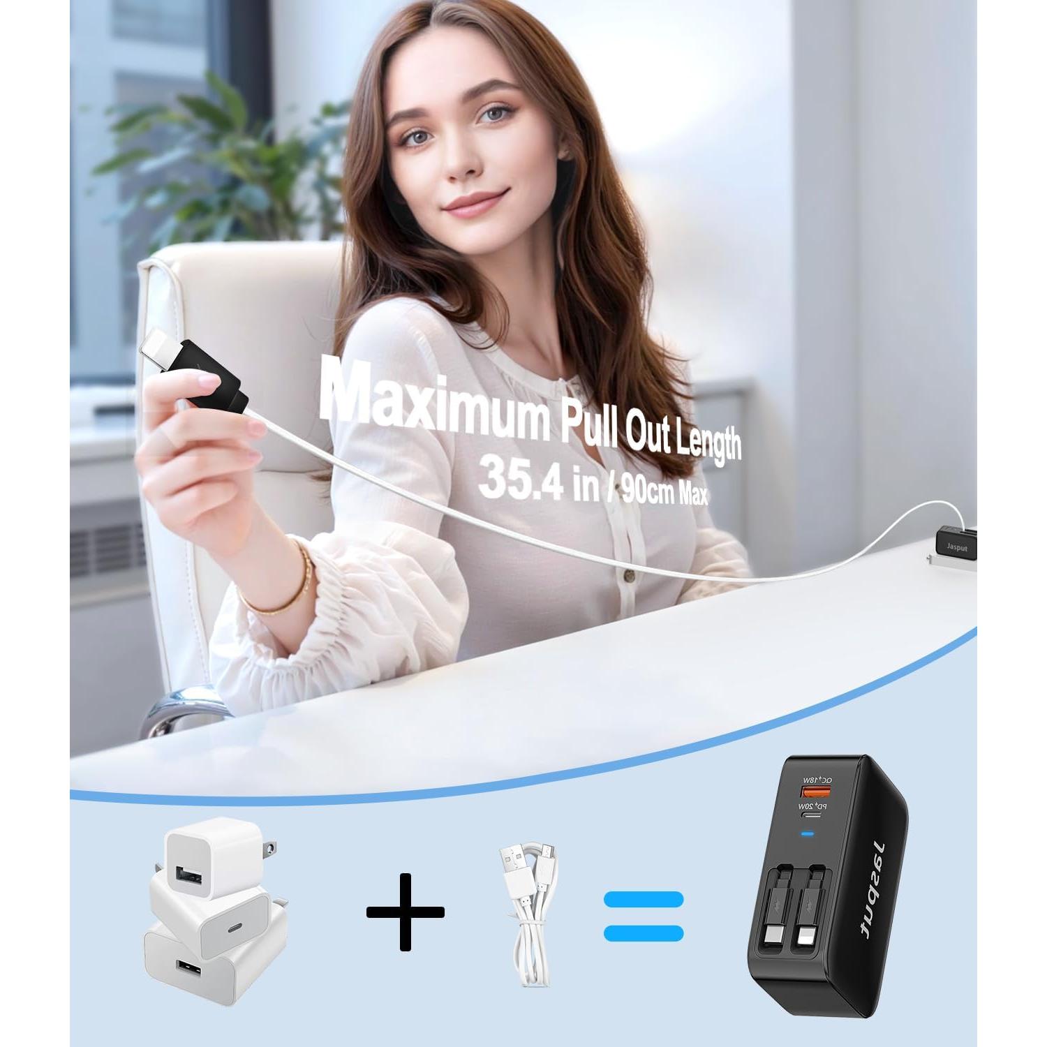 Cargador de pared retráctil 4 en 1 40W USB C iPhone Galaxy