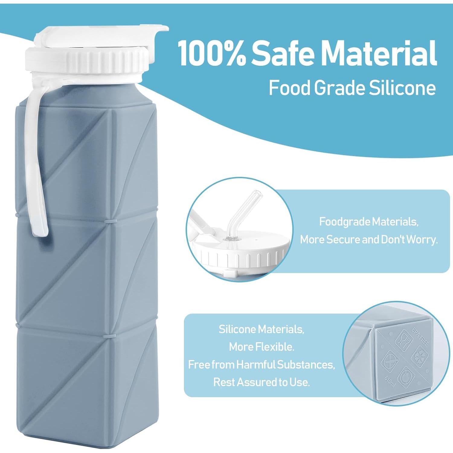 Botella de Agua Plegable Womeyork 620ml Silicona Sin BPA Azul