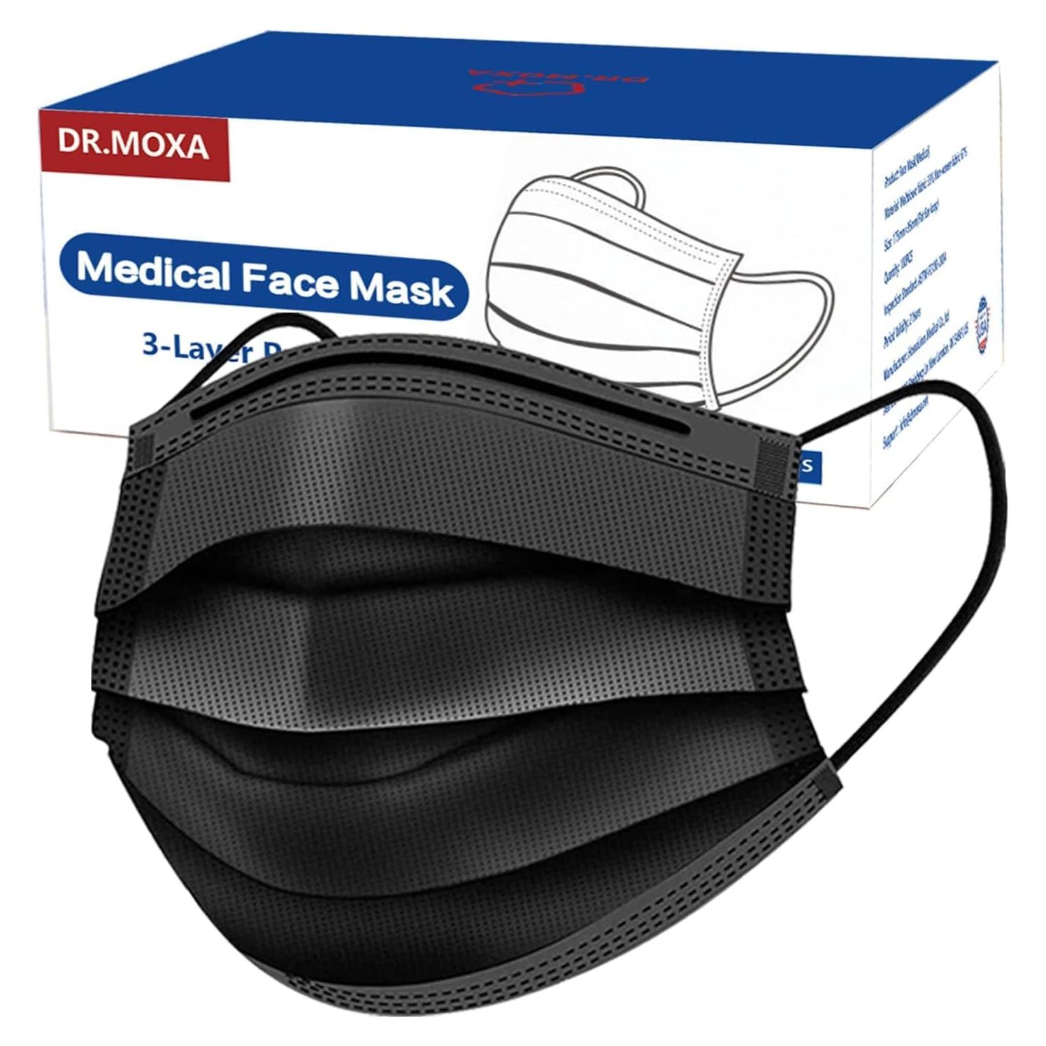 Paquete de 100 Mascarillas Desechables Negras DR.MOXA 3 Capas