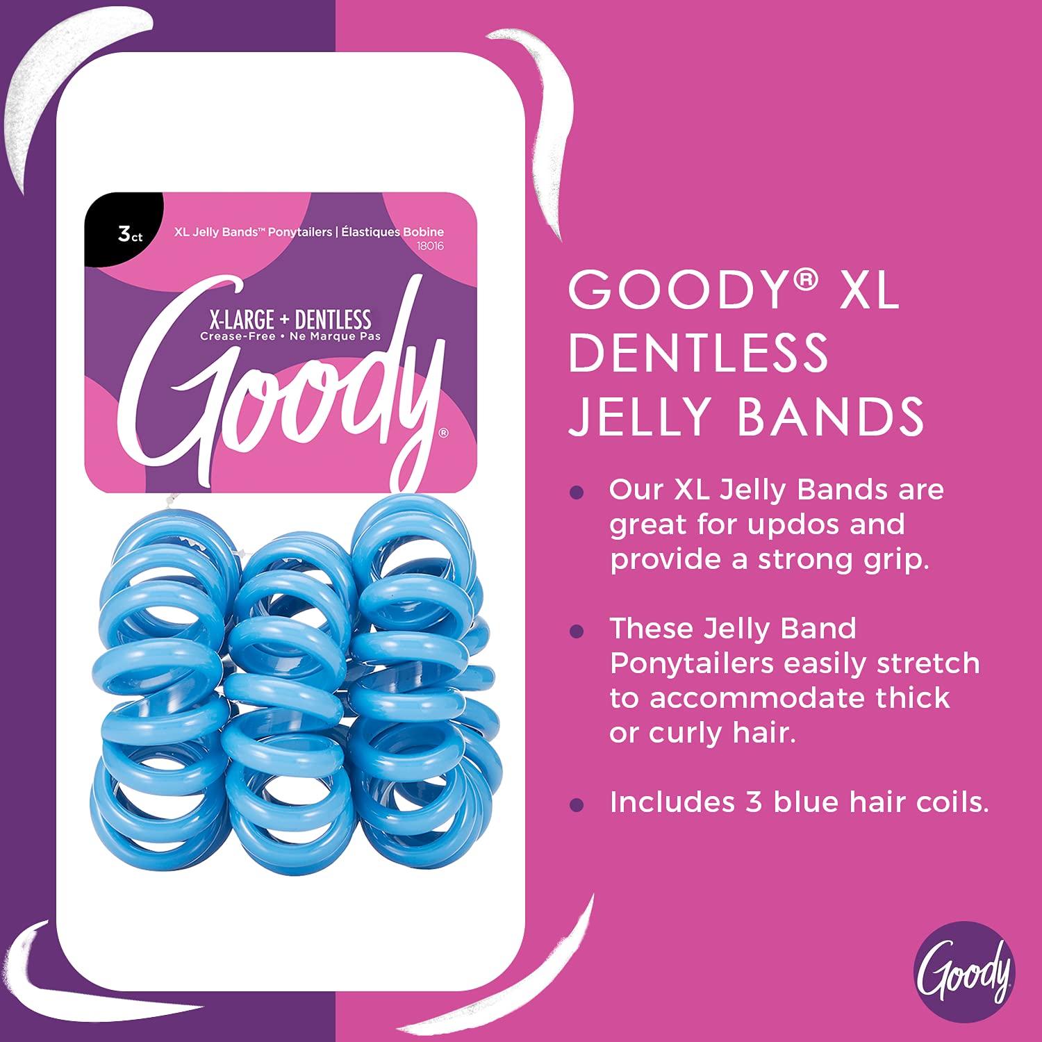 Goody Dentless Jelly Bands Elastic Hair Coils - 3 Count, Blue - For Medium to Thick Hair - Long-Lasting Hair Accessories for Women and Girls - Perfect for Braids, Ponytails, and More