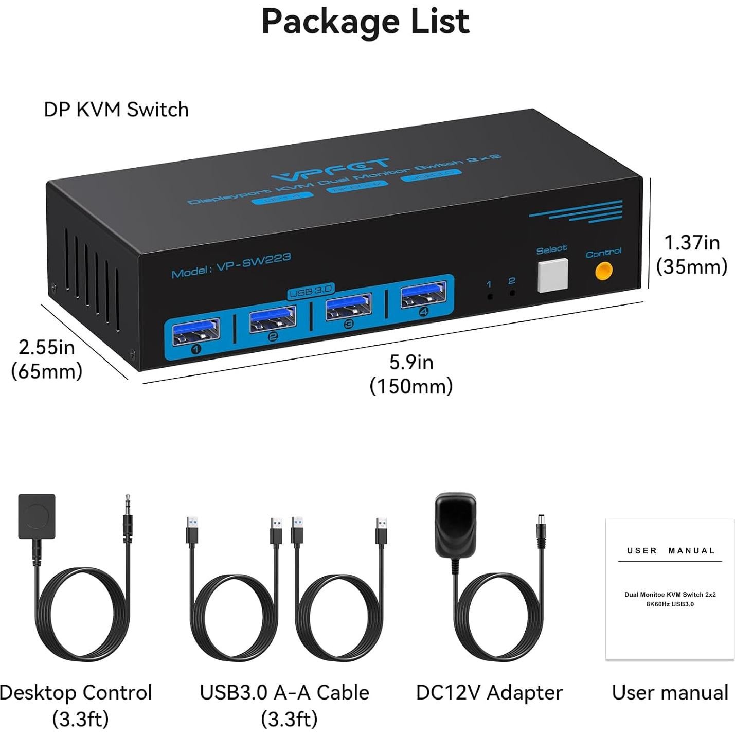 Interruptor KVM DisplayPort 8K 2 Monitores CMSTEDCD USB 3.0