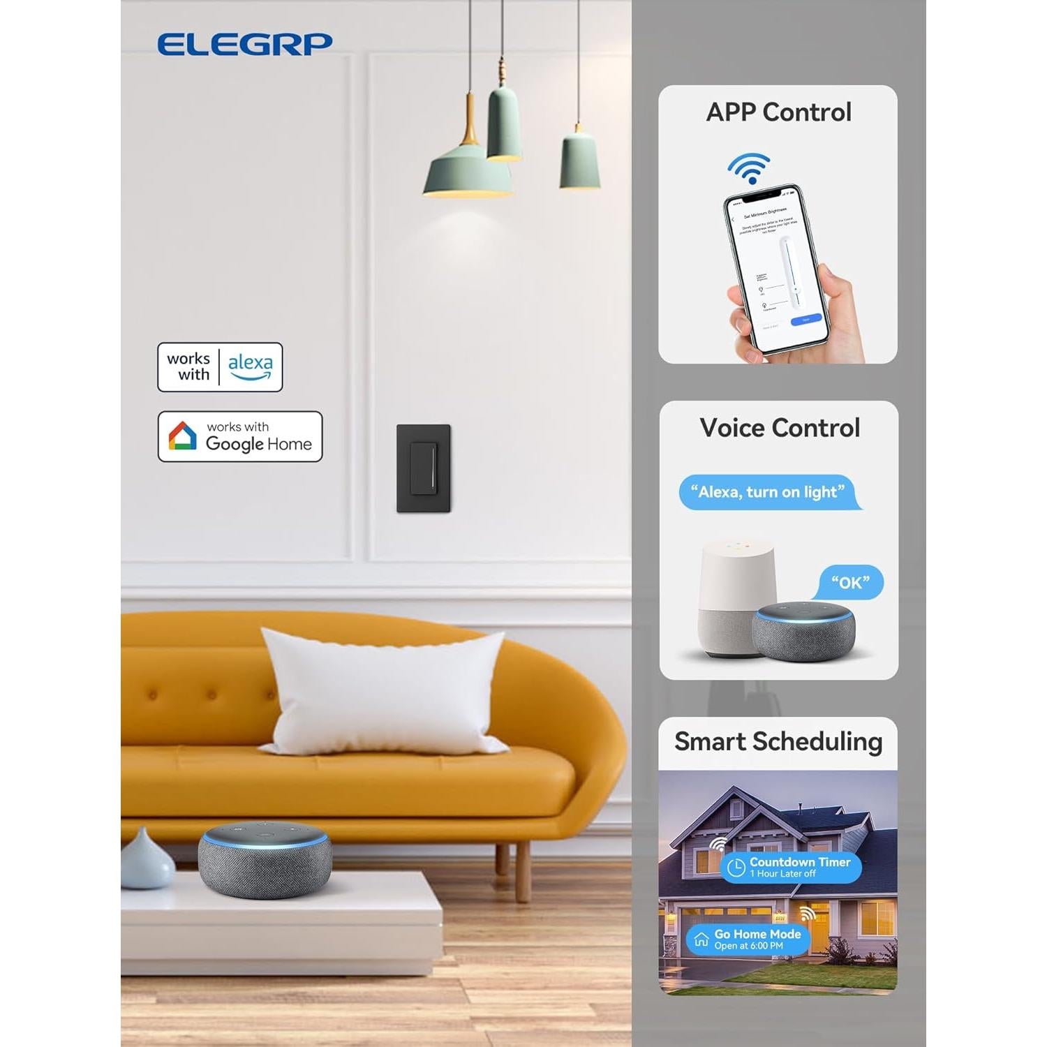Interruptor Regulador Inteligente ELEGRP DTR30 Wi-Fi Negro 3 Vías