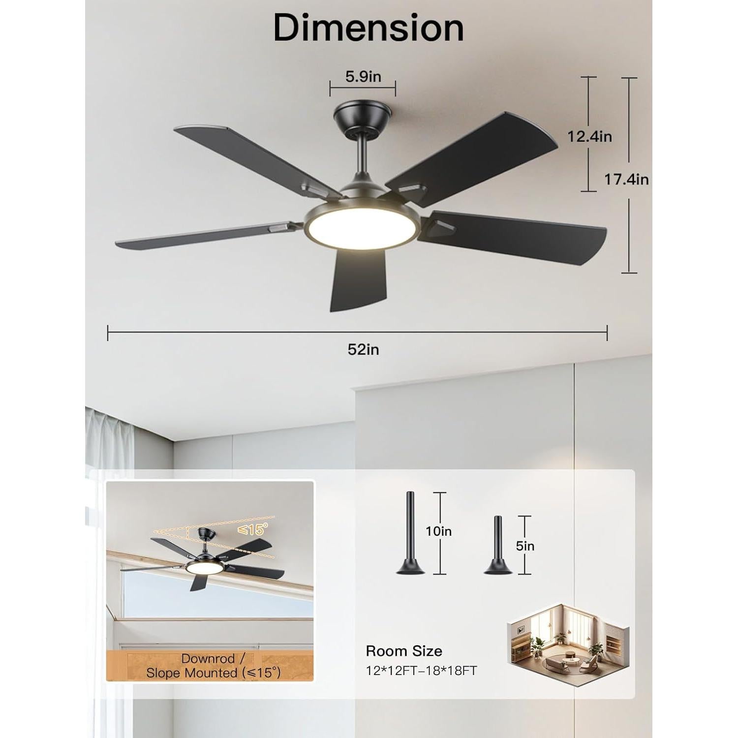 Ventilador de Techo OJX 52" con Luz y Control Remoto Negro