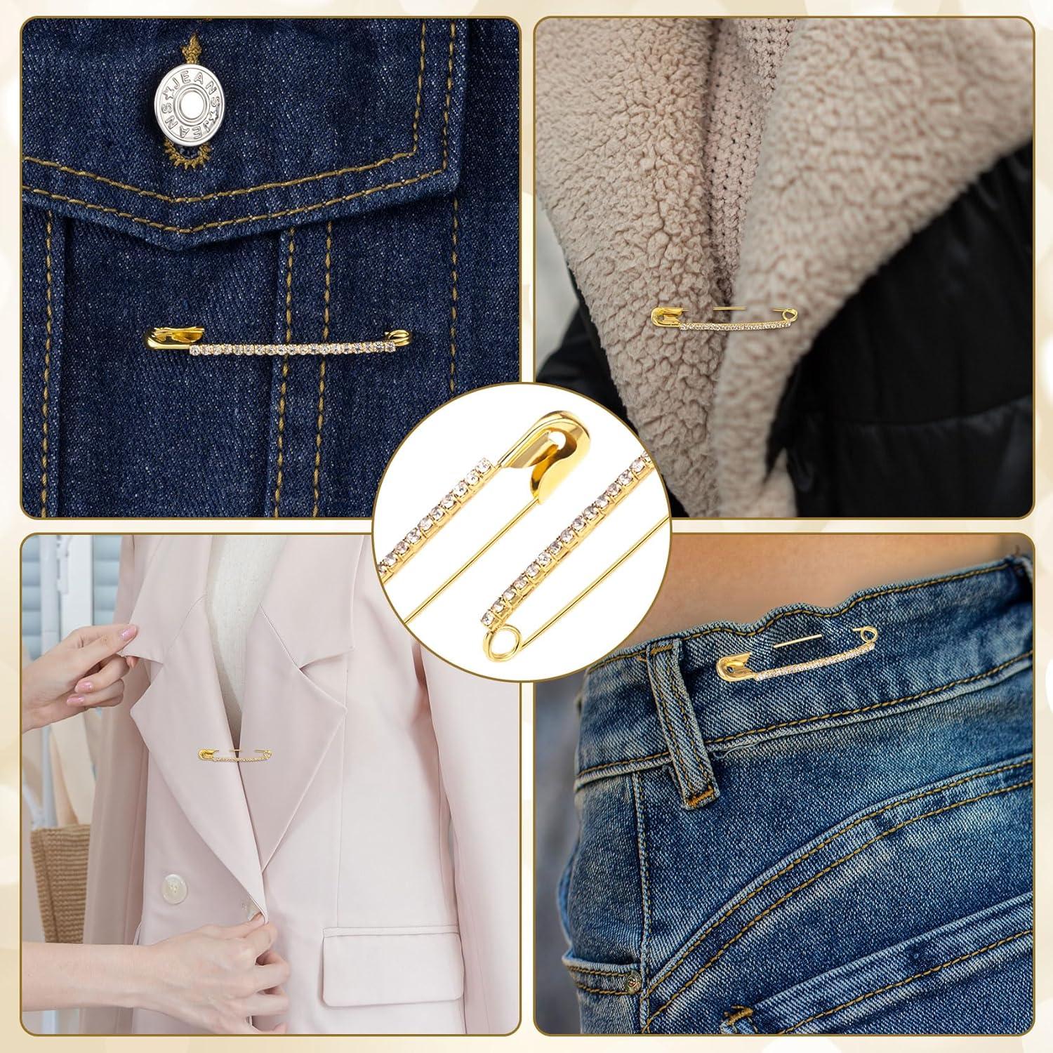 10 Alfileres de Seguridad con Rhinestones Dorados 1.1x5.4cm