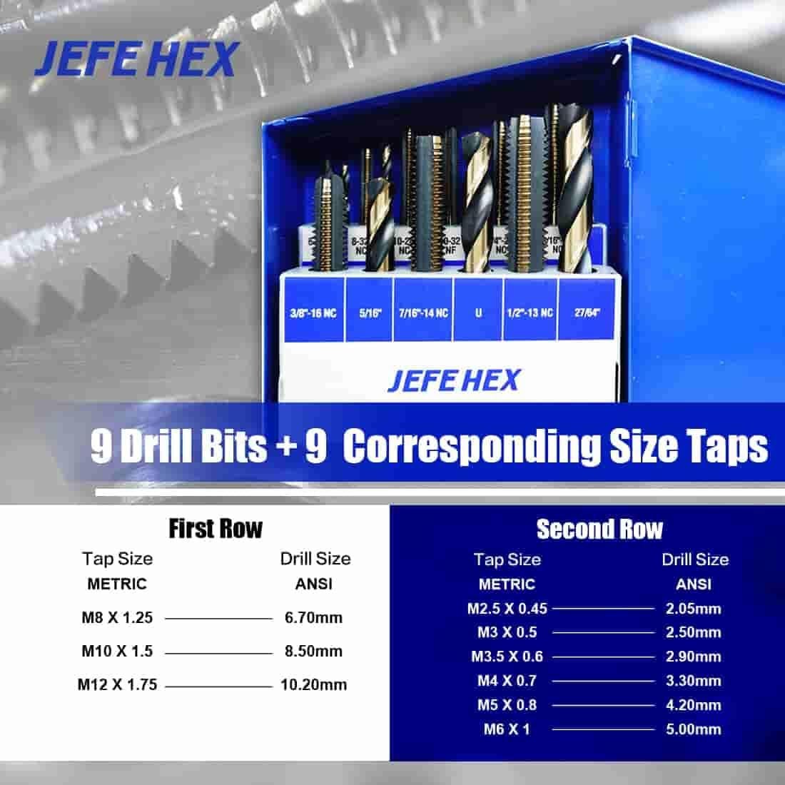 Juego de 18 Piezas de Brocas y Machos JEFE HEX Métricos