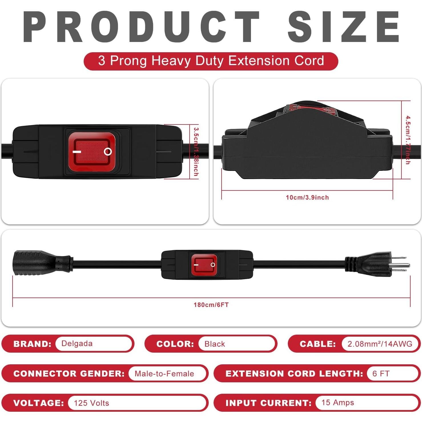 Cable de Extensión Exterior 1.83m Delgada con Interruptor 15A