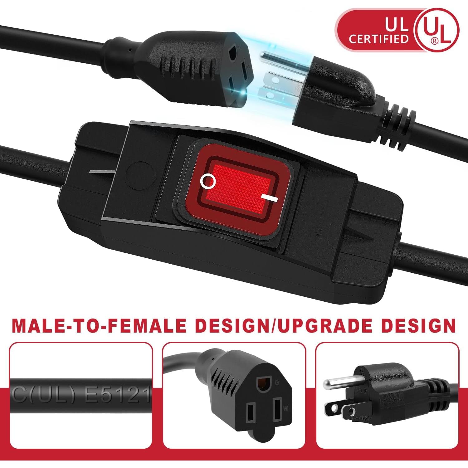 Cable de Extensión Exterior 1.83m Delgada con Interruptor 15A