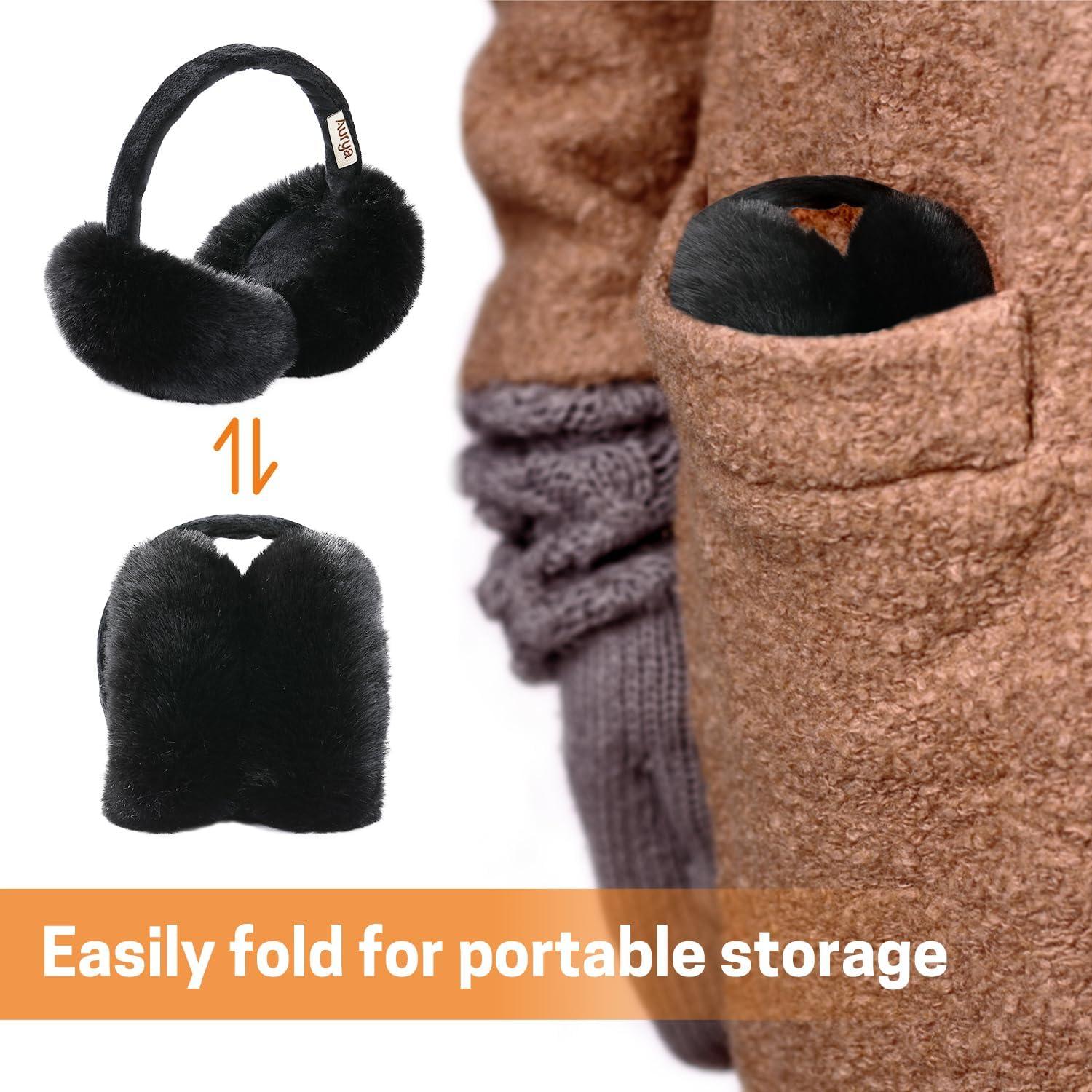 Aurya Orejeras de Peluche Plegables para Mujeres - Negro