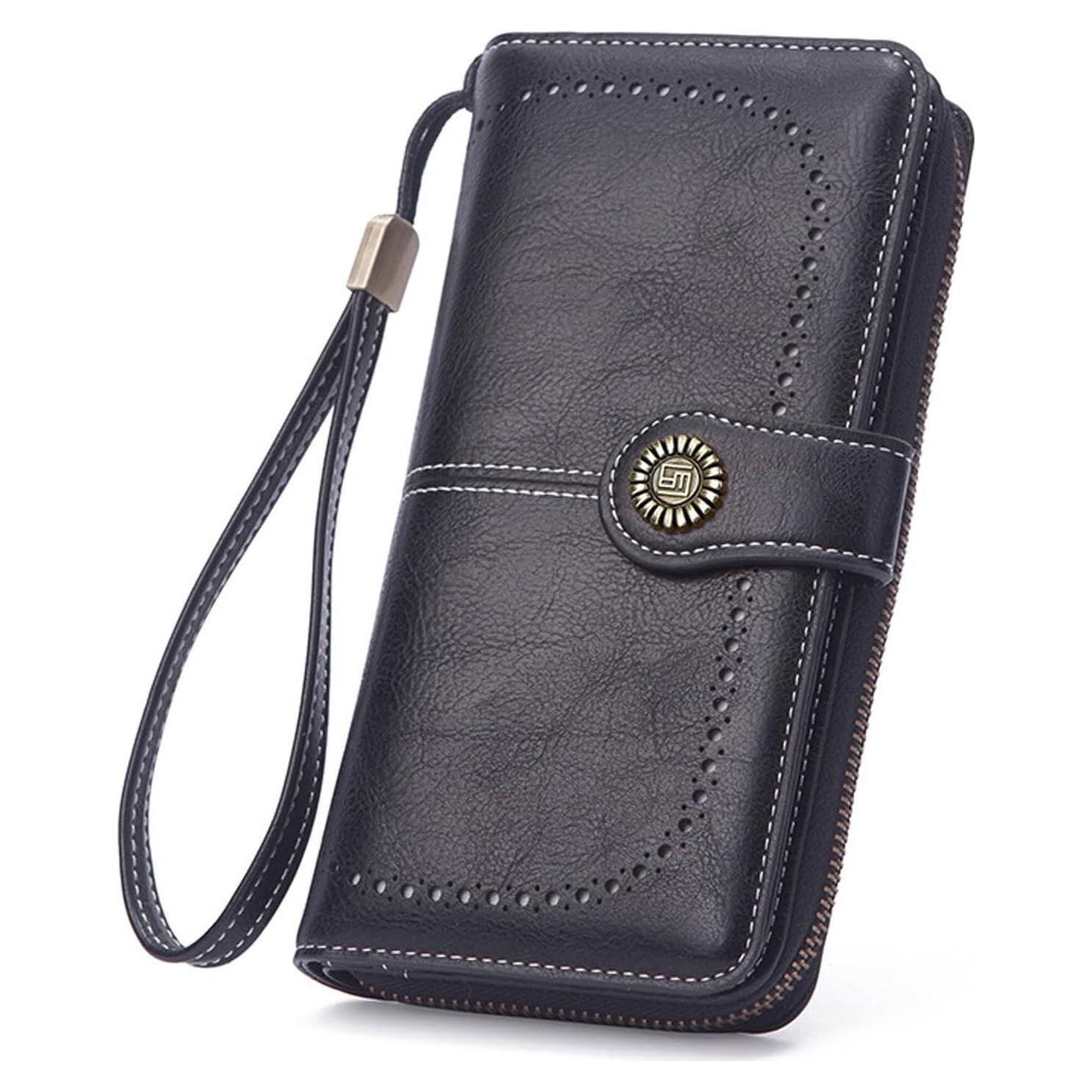 Cartera Bifold Mokoze Negra de Cuero PU con Correa y Cremallera