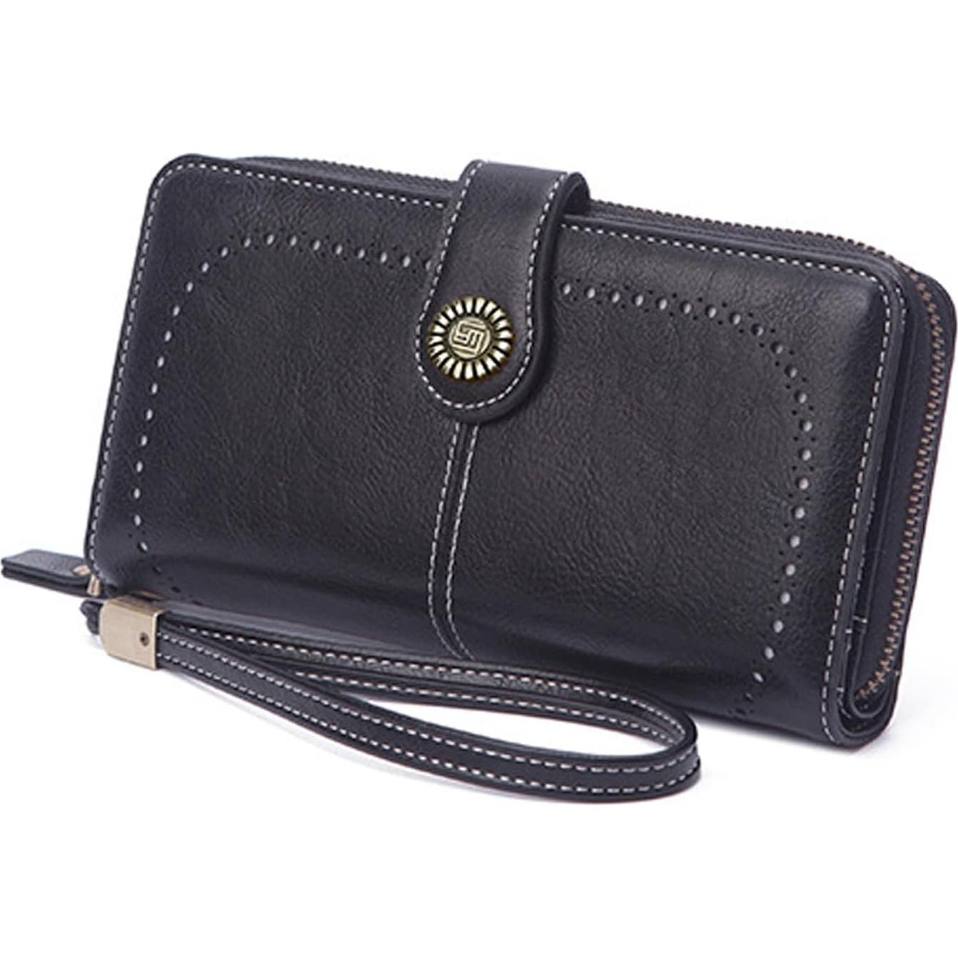 Cartera Bifold Mokoze Negra de Cuero PU con Correa y Cremallera