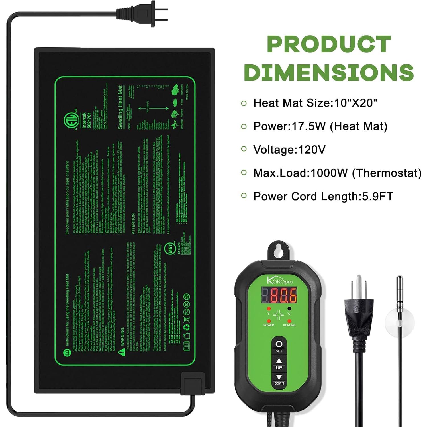 Alfombrilla Térmica KOKOPRO 25x52 cm para Plántulas y Termostato