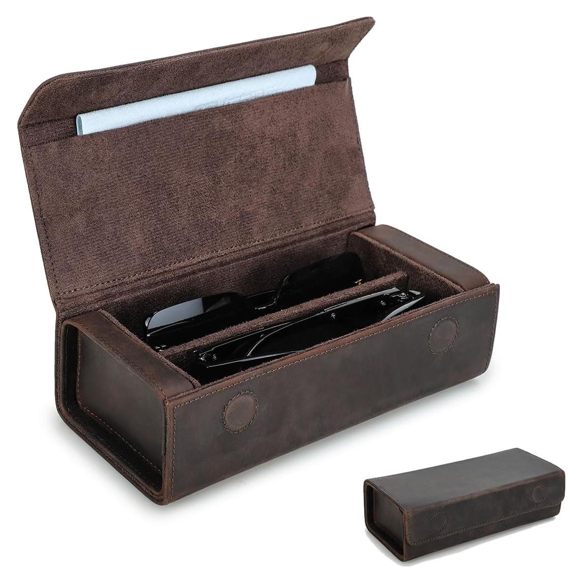 Estuche de Gafas de Viaje de Cuero Genuino Marrón 2 Ranuras