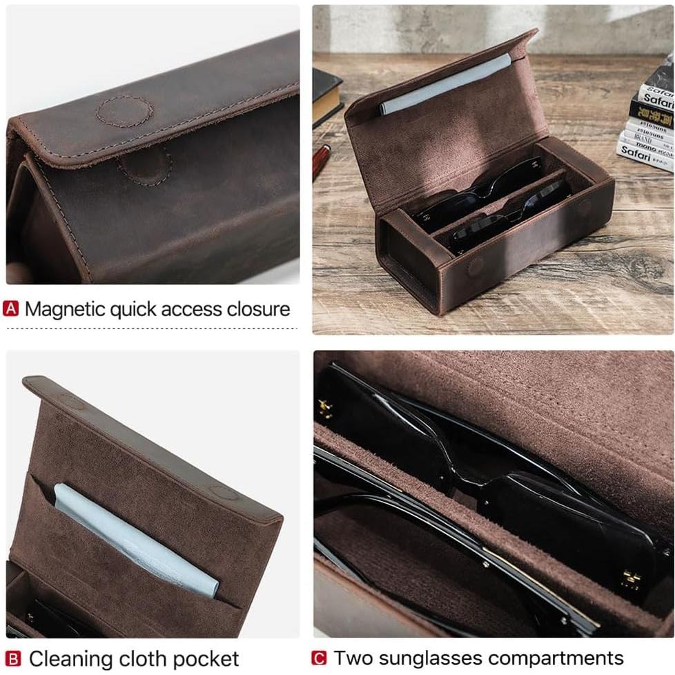 Estuche de Gafas de Viaje de Cuero Genuino Marrón 2 Ranuras