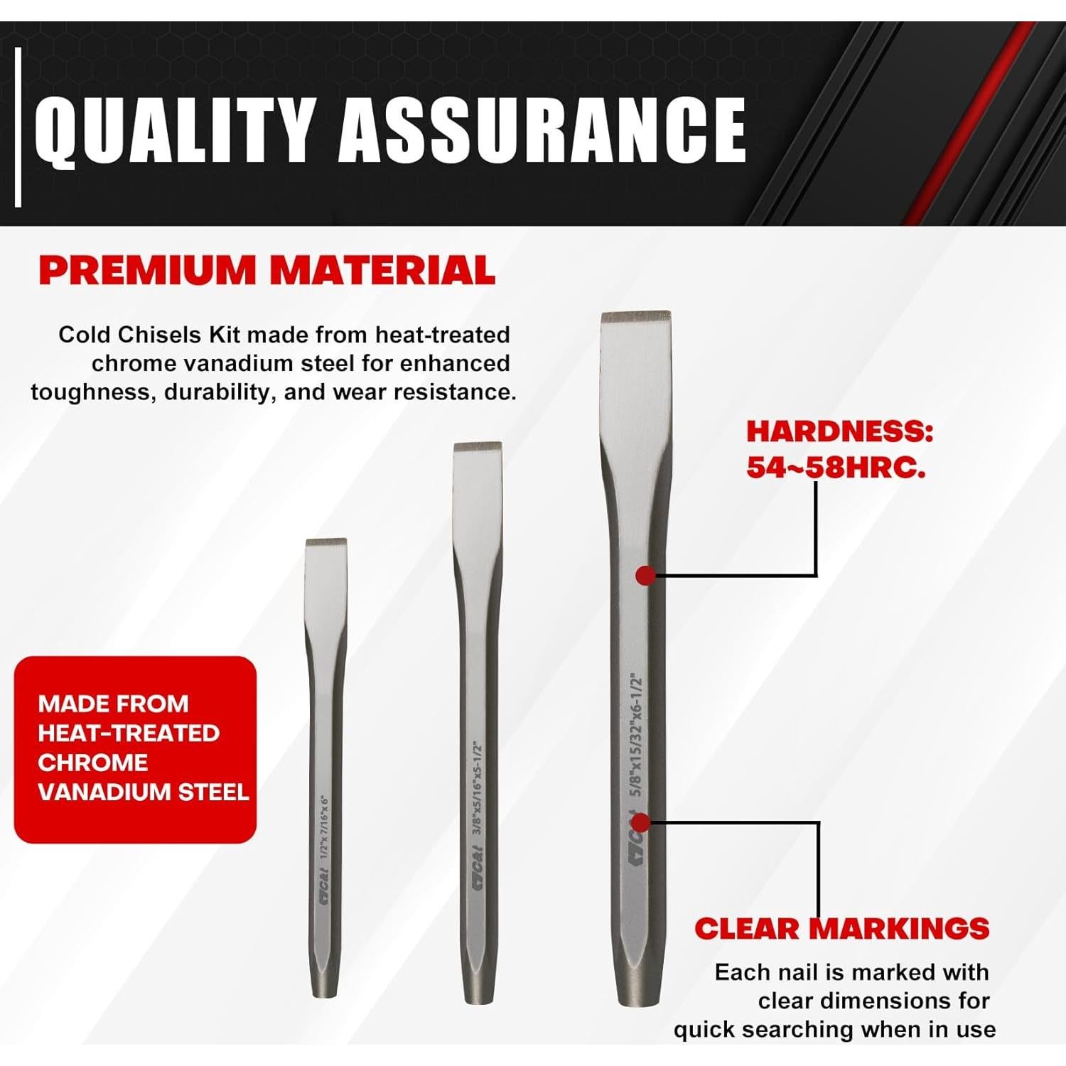 C&T Kit de Cinceles Fríos 3 Piezas Acero Vanadio 9.5, 12.7, 15.9 mm