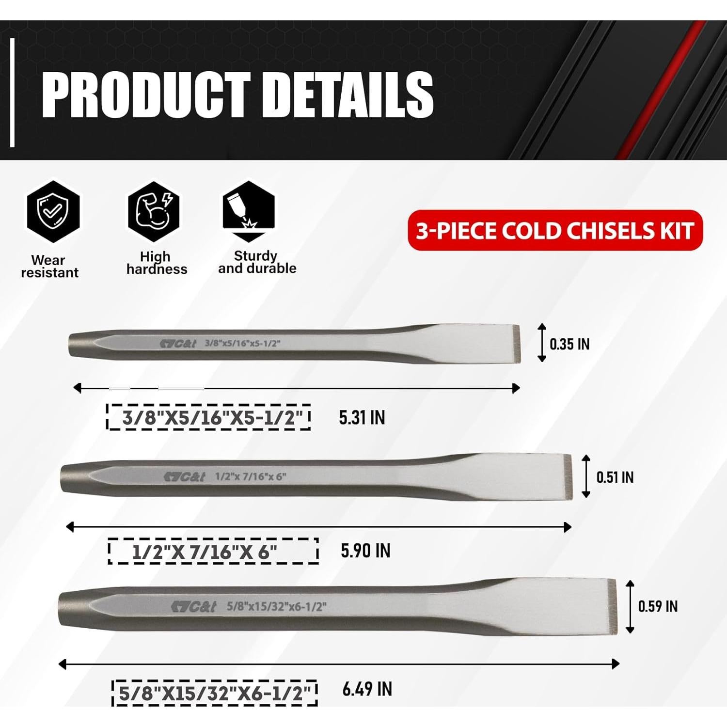 C&T Kit de Cinceles Fríos 3 Piezas Acero Vanadio 9.5, 12.7, 15.9 mm