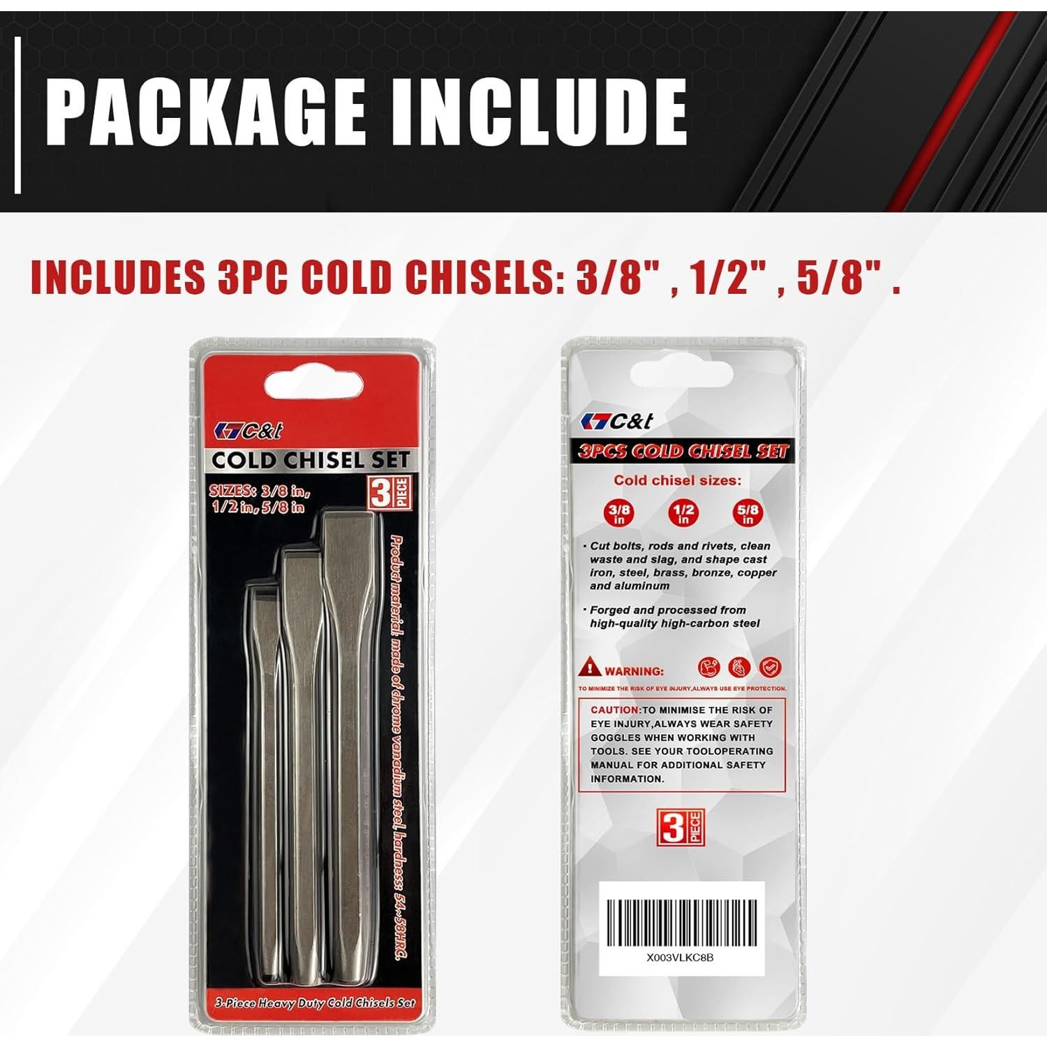 C&T Kit de Cinceles Fríos 3 Piezas Acero Vanadio 9.5, 12.7, 15.9 mm