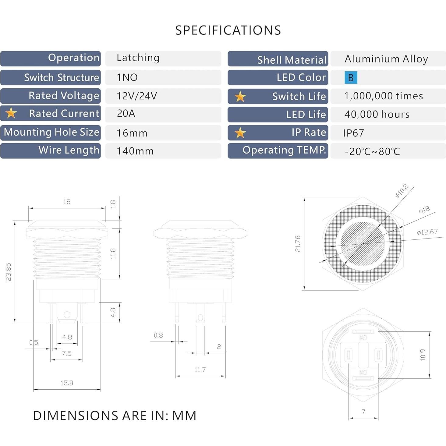 Interruptor pulsador LED aluminio 12-24V 20A IP67 Azul 16mm