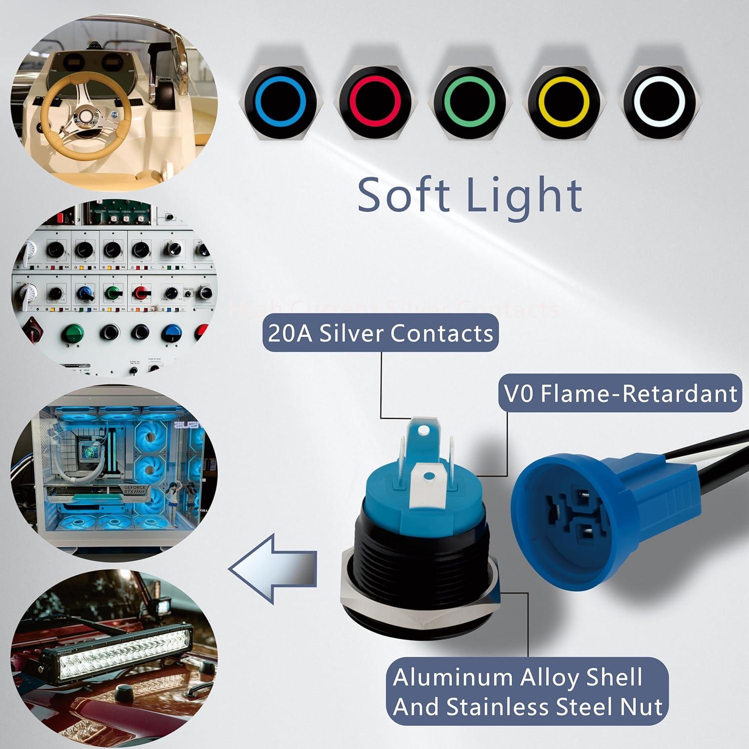 Interruptor pulsador LED aluminio 12-24V 20A IP67 Azul 16mm