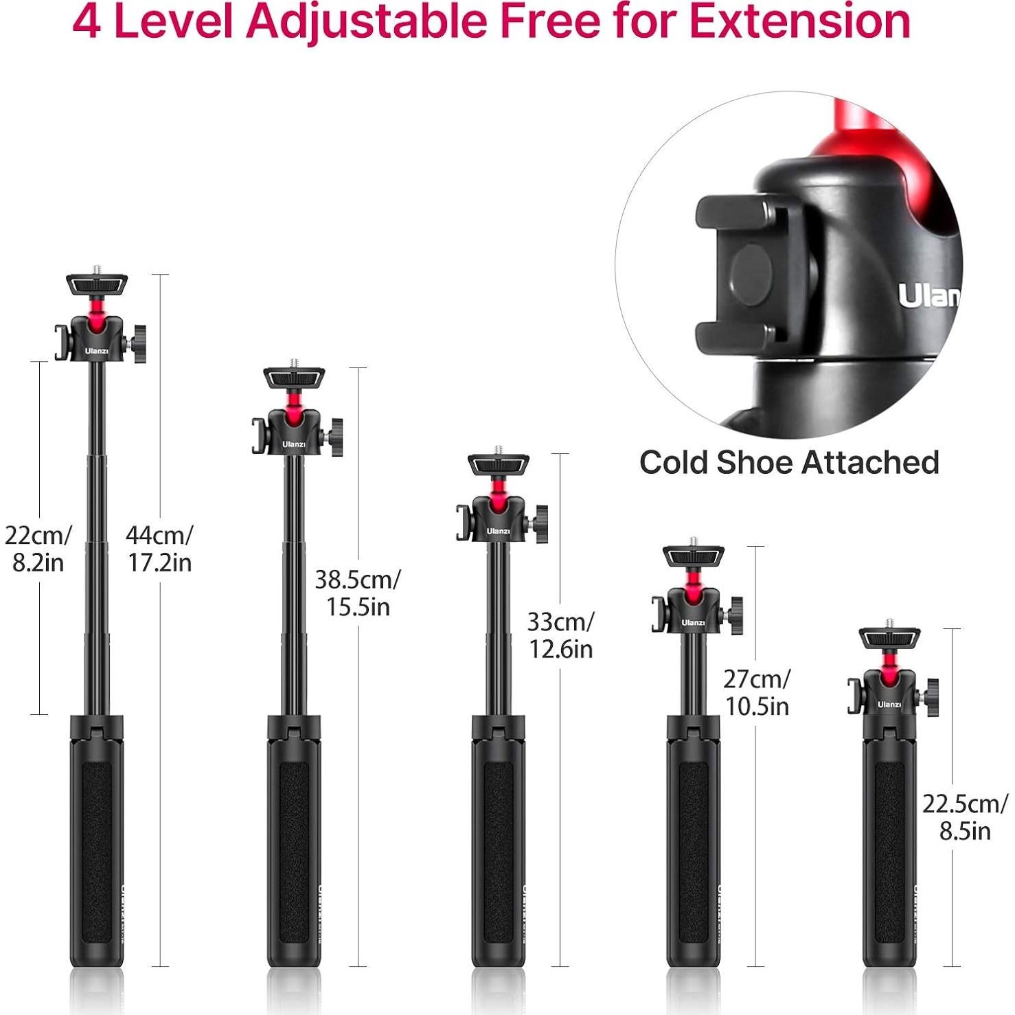 ULANZI MT-16 Extendable Mini Camera Tripod, 4 Levels Adjustment 360° Ball Head Cold Shoe Lightweight Portable Vlog Travel Selfie Stick Handle Grip Desktop Webcam Tripod for DSLR Action Camera