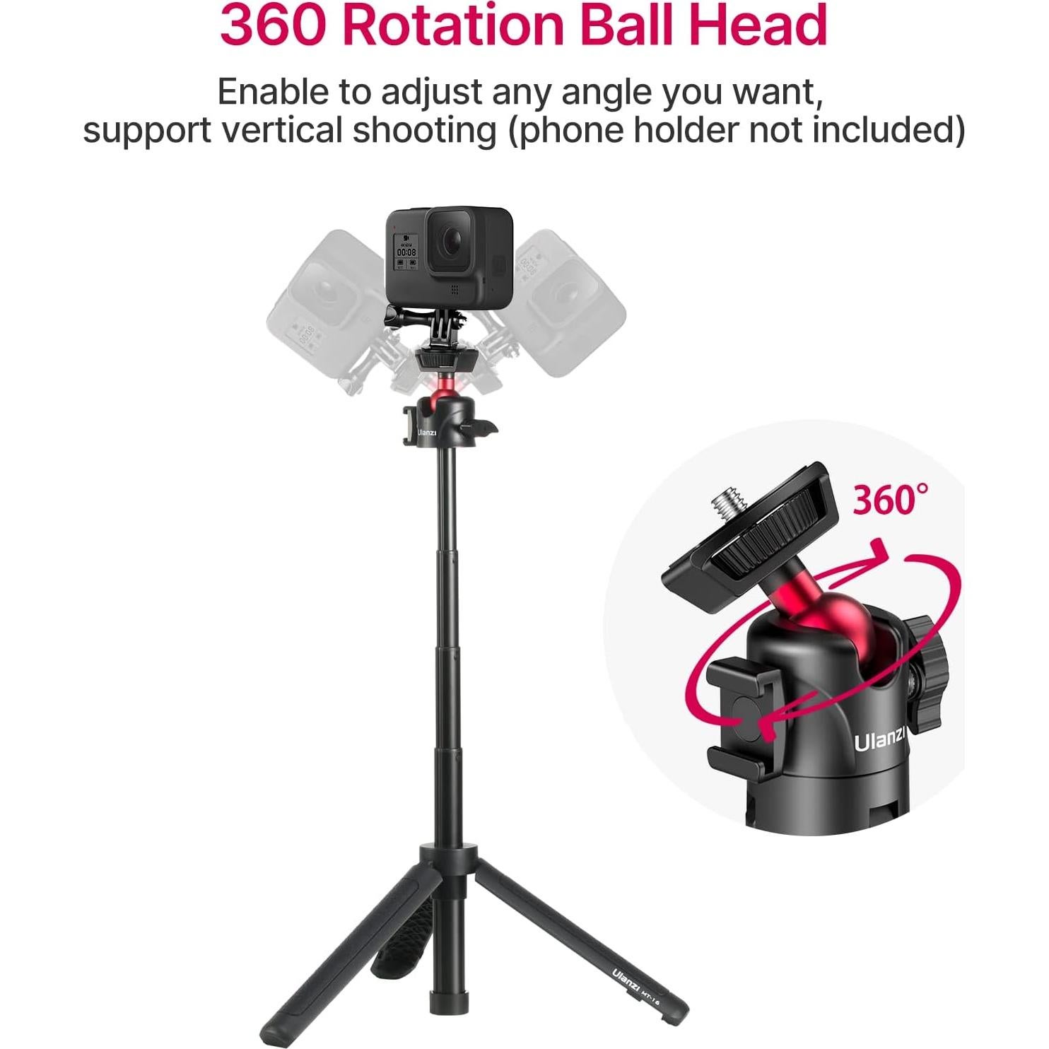 ULANZI MT-16 Extendable Mini Camera Tripod, 4 Levels Adjustment 360° Ball Head Cold Shoe Lightweight Portable Vlog Travel Selfie Stick Handle Grip Desktop Webcam Tripod for DSLR Action Camera