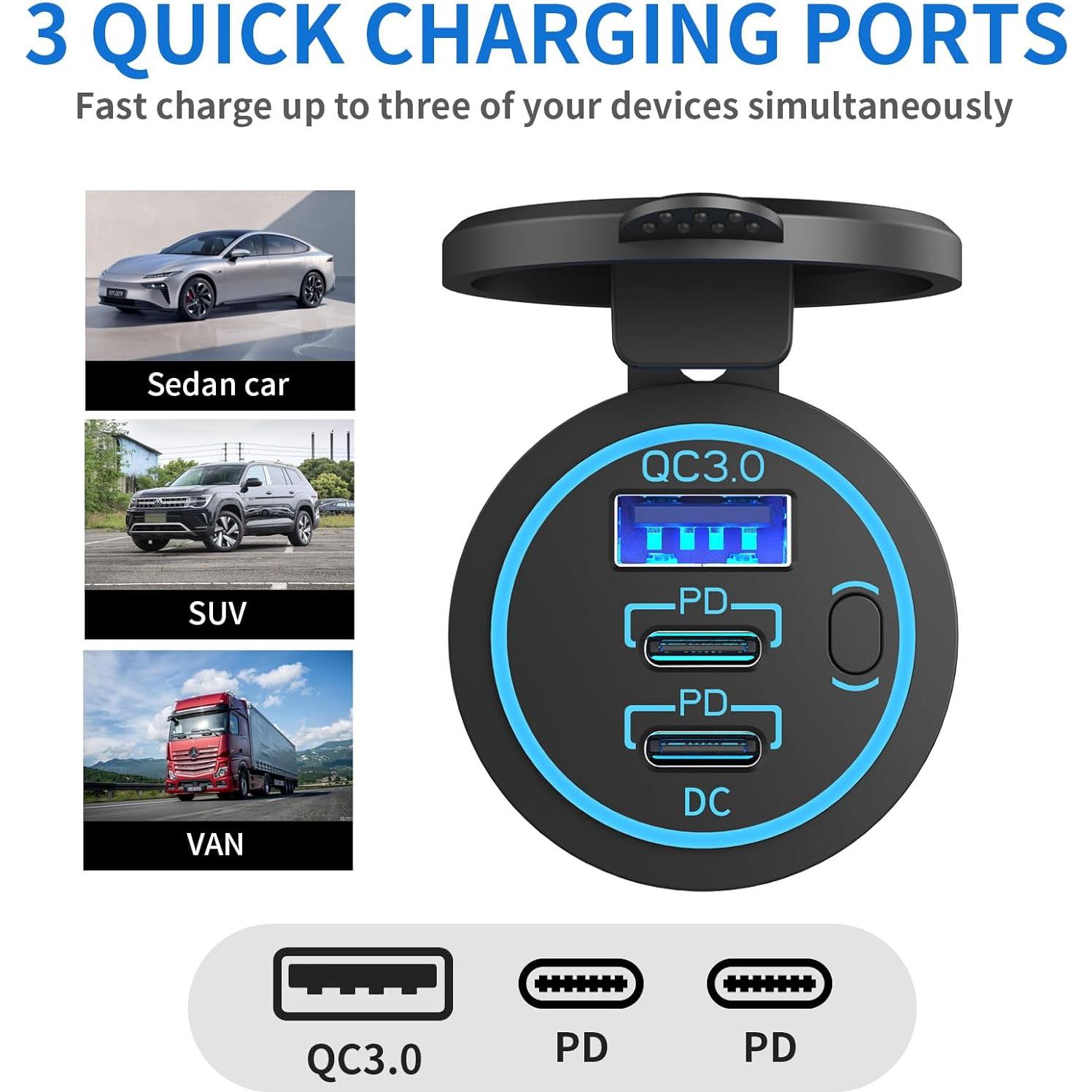 Cargador USB-C de Coche TIANWIDJEW 12V Doble 30W PD 18W QC3.0