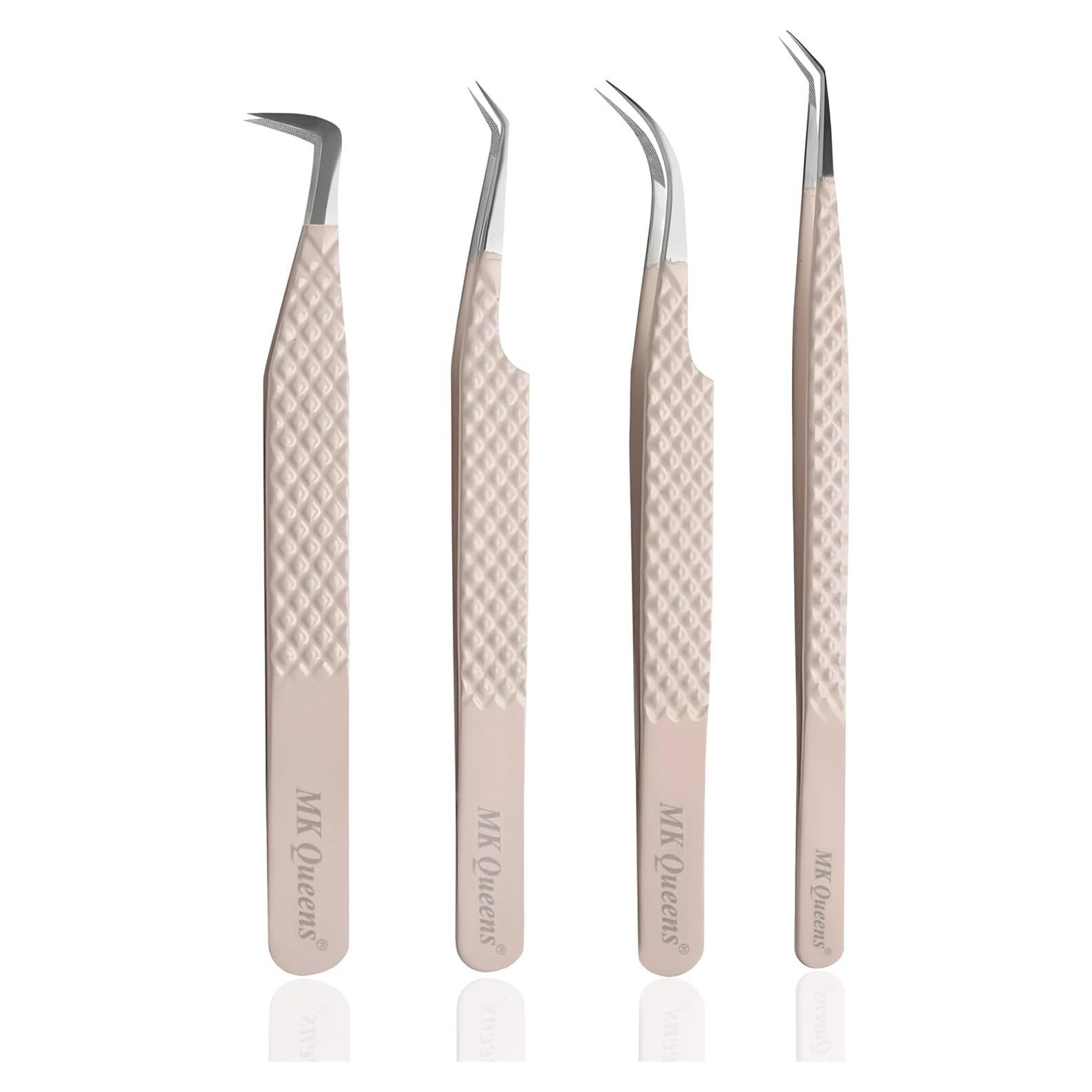 Juego de 4 Pinzas para Pestañas MK Queens - Acero Inoxidable Beige