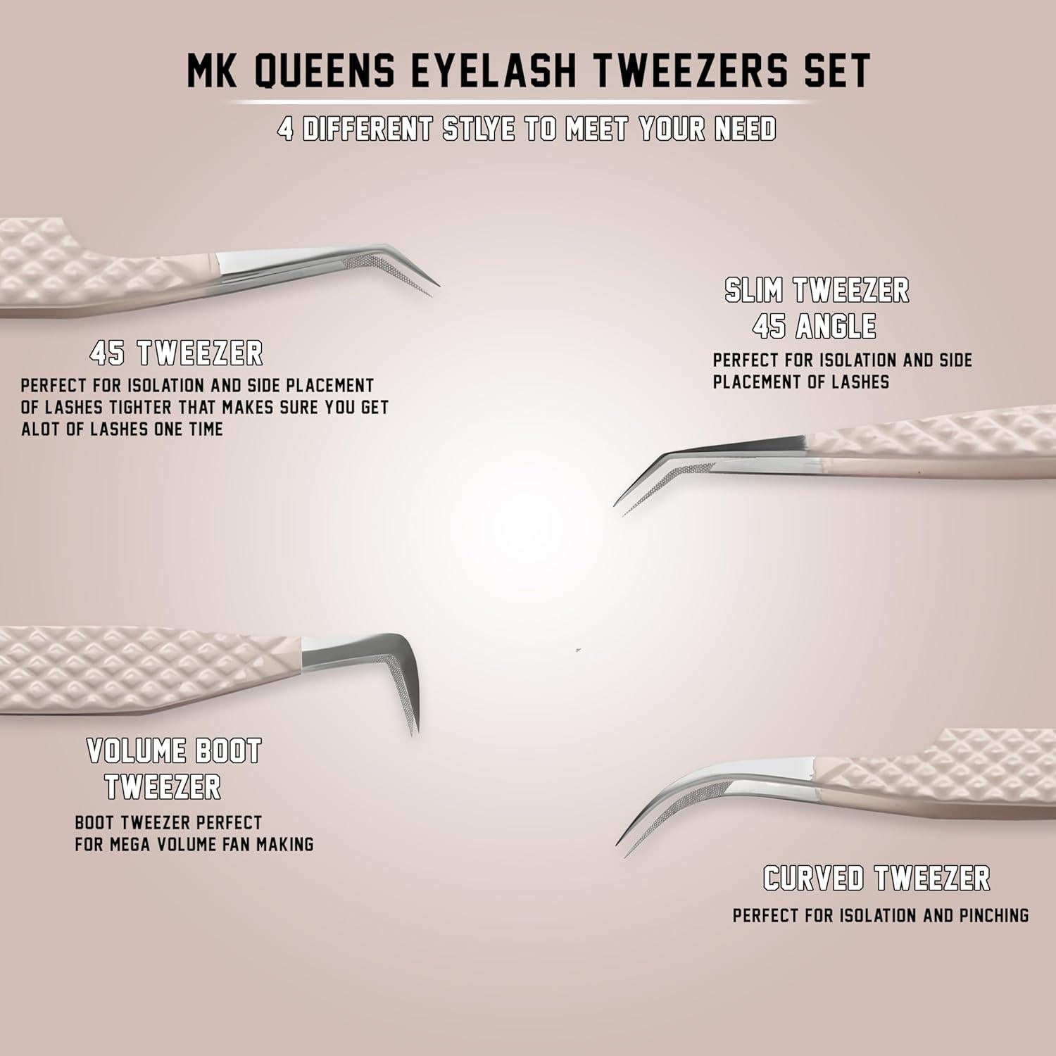 Juego de 4 Pinzas para Pestañas MK Queens - Acero Inoxidable Beige