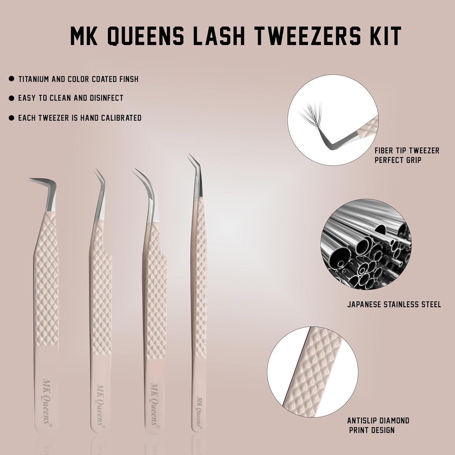 Juego de 4 Pinzas para Pestañas MK Queens - Acero Inoxidable Beige