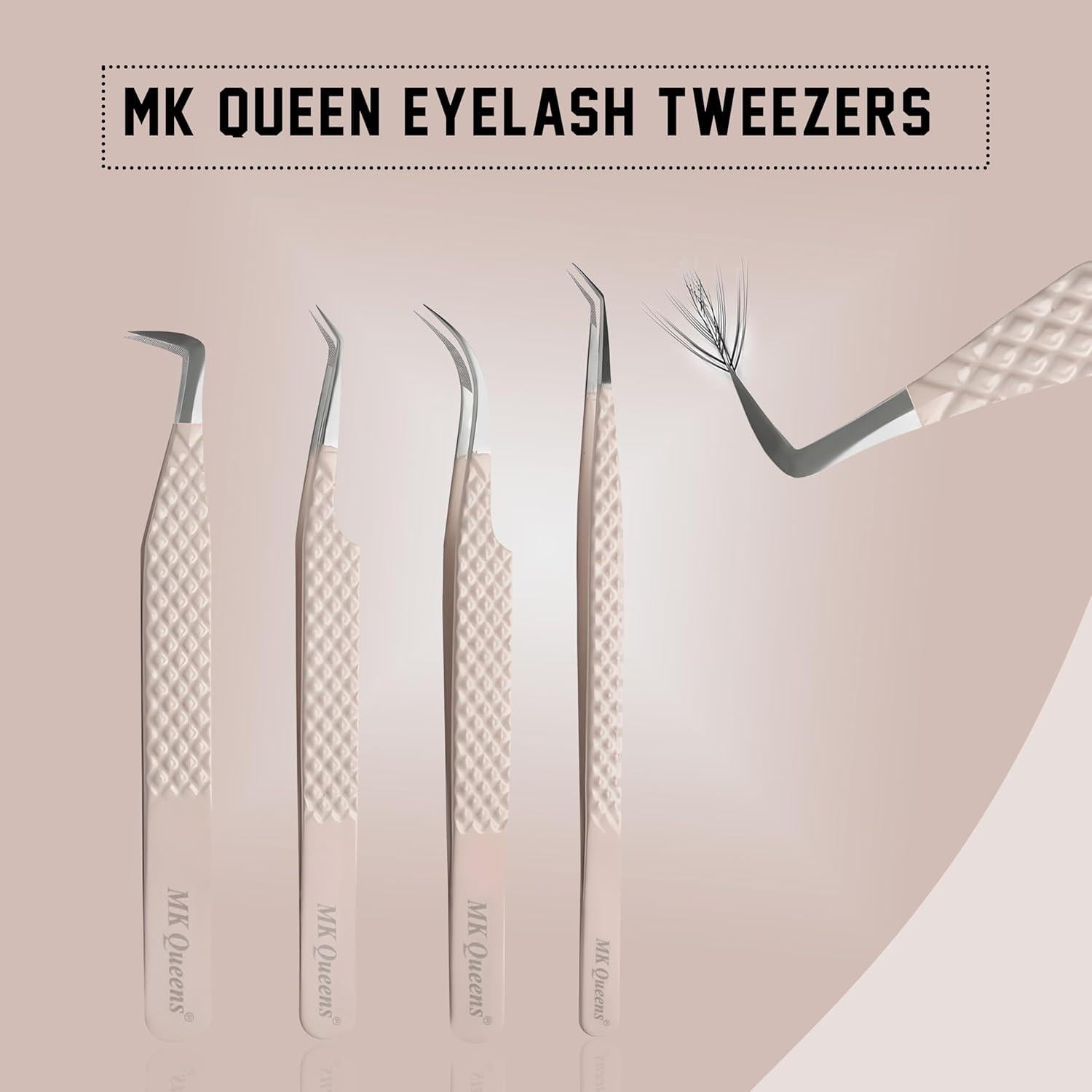 Juego de 4 Pinzas para Pestañas MK Queens - Acero Inoxidable Beige